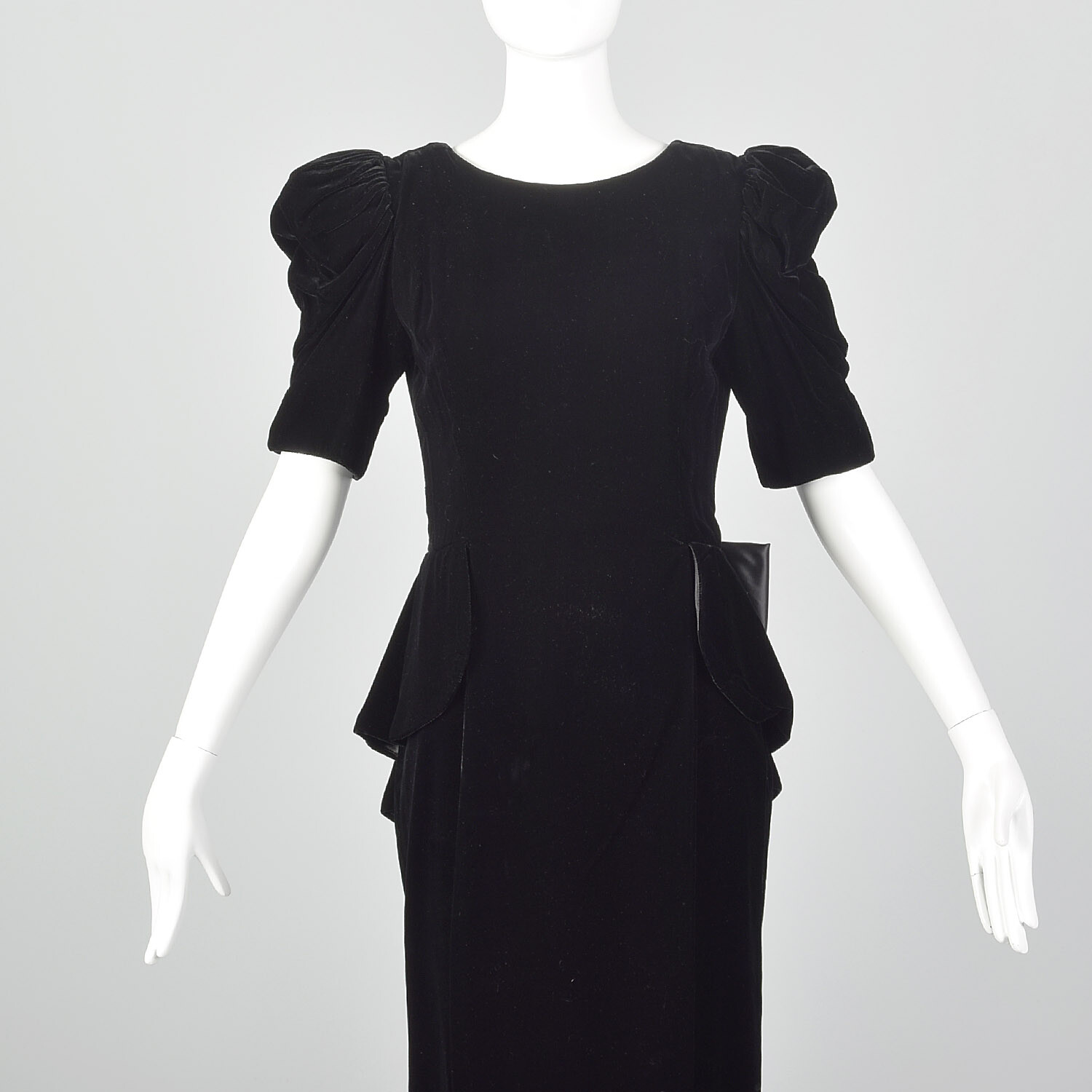 XS 1980s Black Velvet Peplum Dress 80s Does 40s Vintage Puff Sleeve Bow VTG Glam