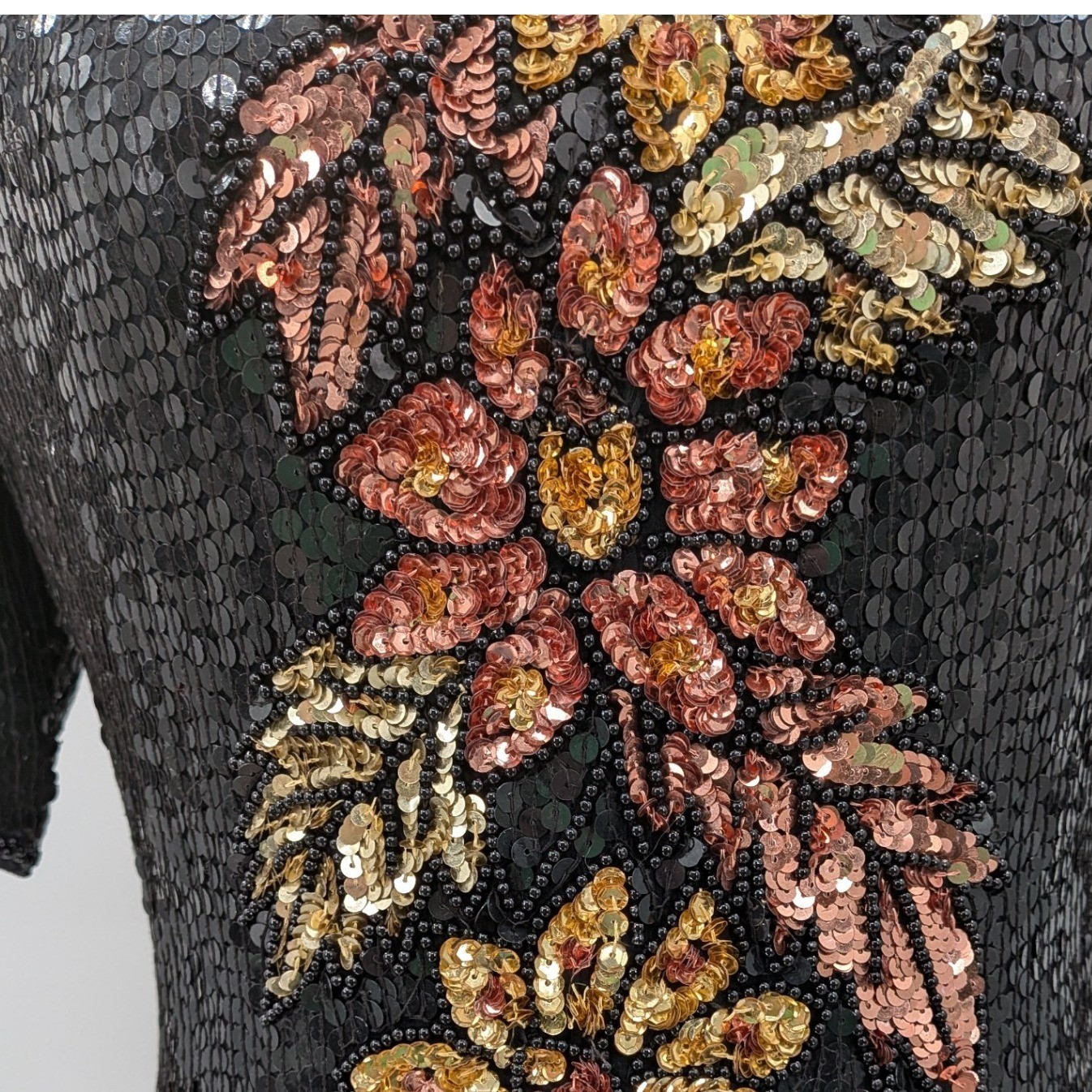 Glam Wedding Party Vintage Stemay Black Gold Sequin Floral Silk V-Neck S Top