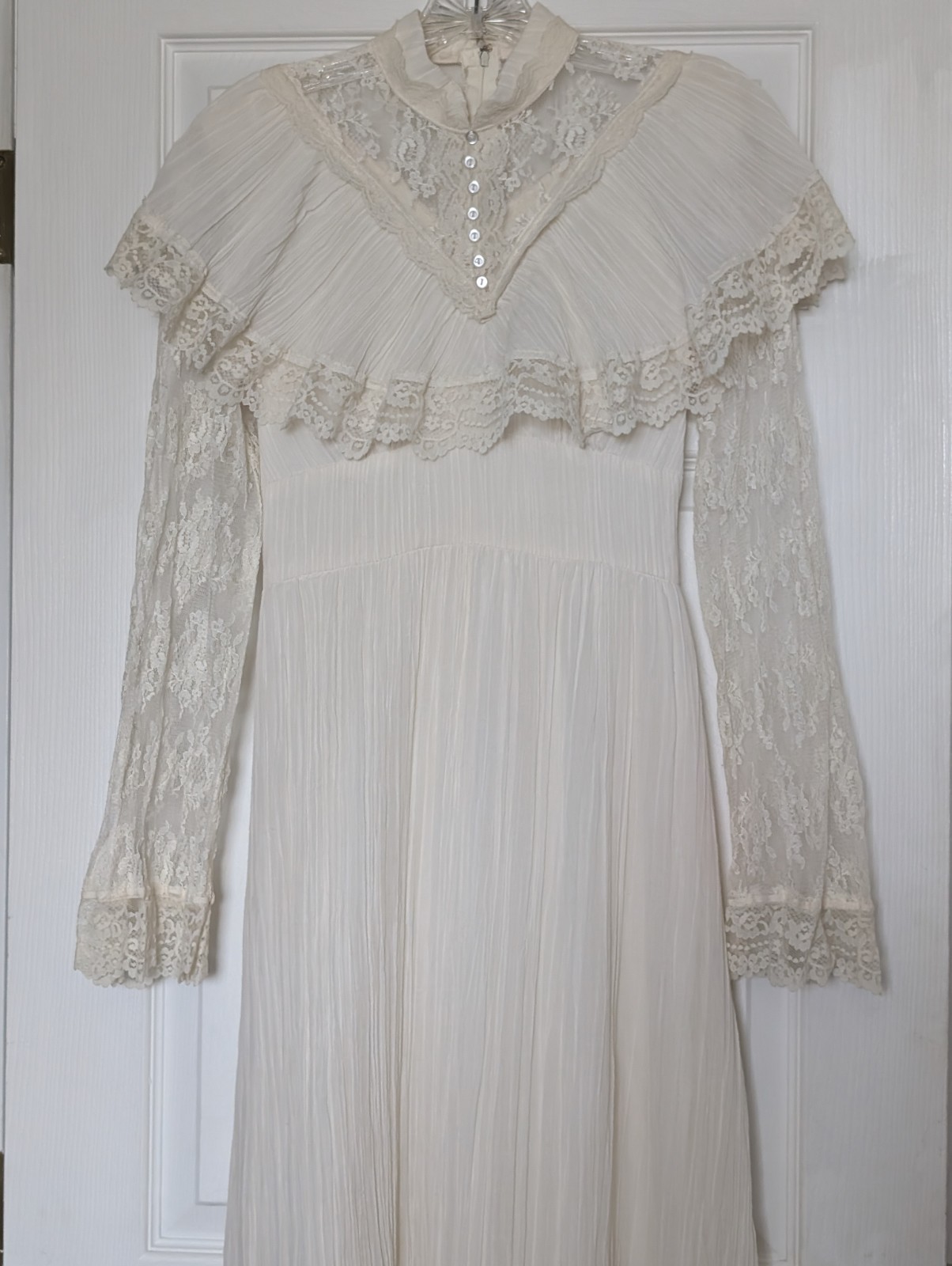 VTG 70s Prairie Maxi Dress Ivory Lace Victorian Revival S Boho Cottagecore Bride