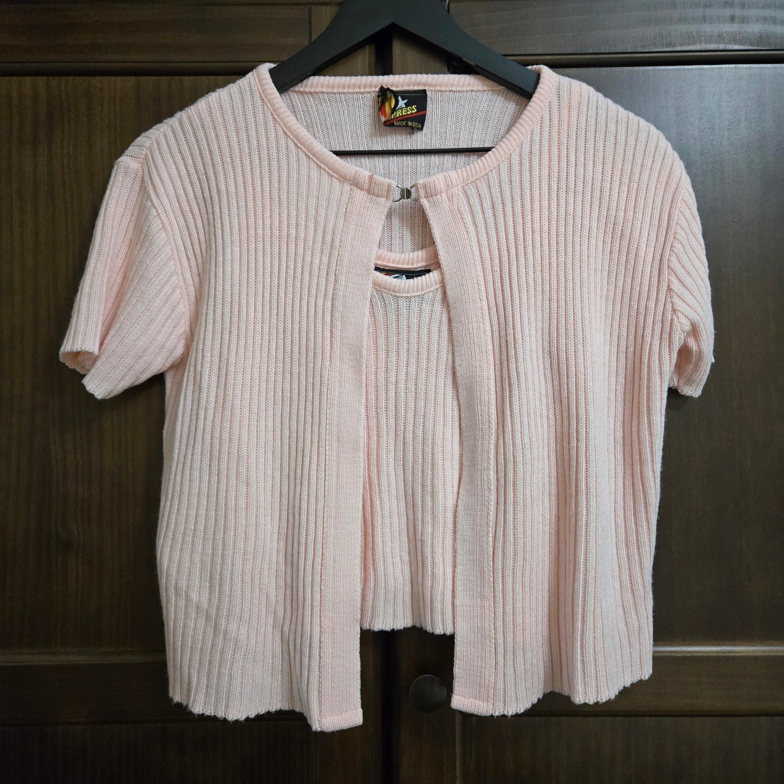 LA Express Vintage 90s Pink Ribbed Short Sleeve Knit Cardigan Tank Set Medium