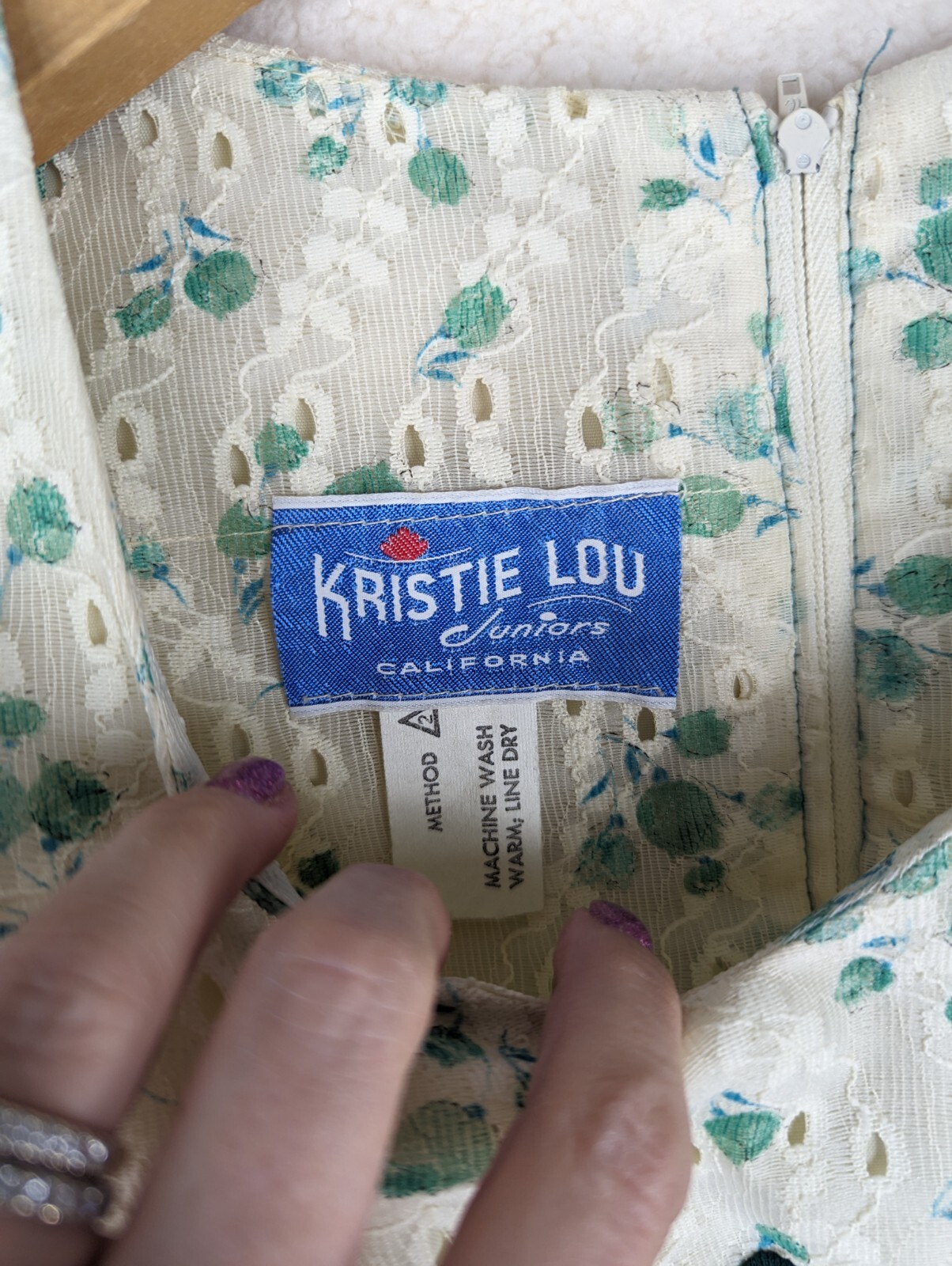 Vtg Kristie Lou California Juniors Cottage Prairie Dress Green Floral 70s Tie