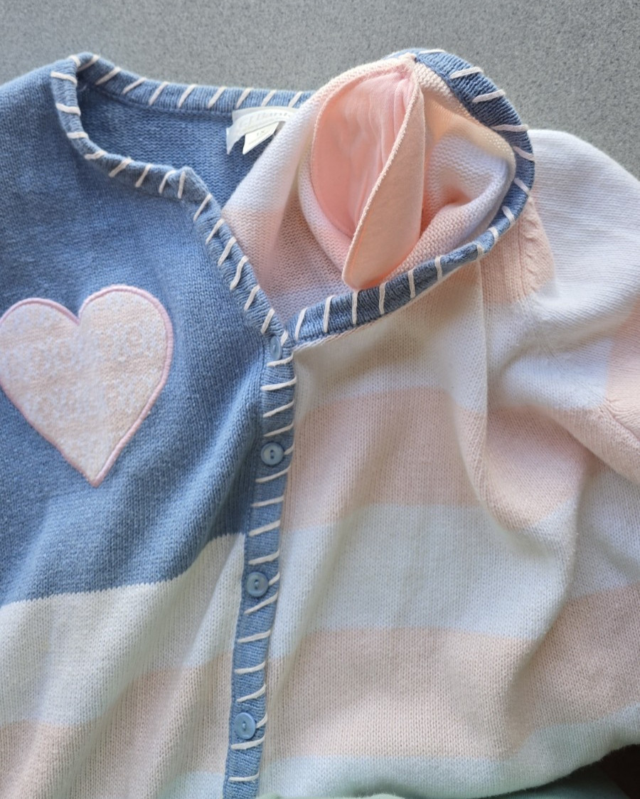 VTG CJ Banks Cardigan Sweater Sz 1X Hand Embroidered Hearts Pink Blue Cottage