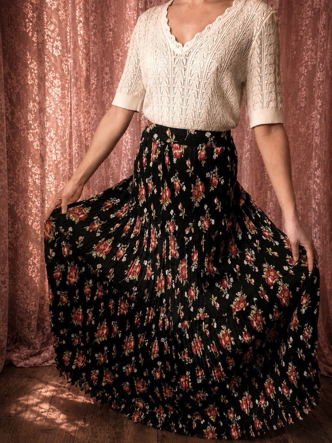 1990s rose rayon full sweep dark romantic skirt