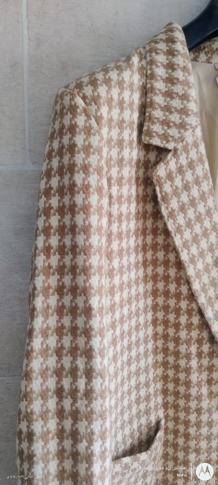 Vintage Tan Jay Women’s Brown and Beige Houndstooth Tweed Blazer size UK 18