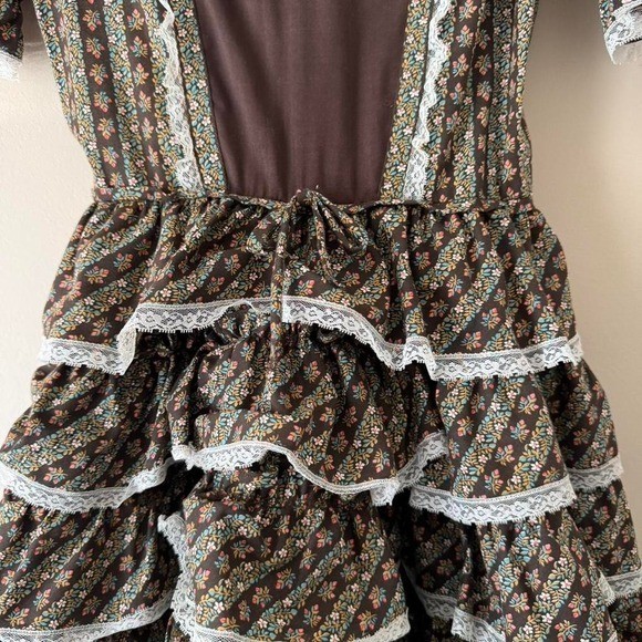 Vintage chocolate brown floral square dance dress XS prairie puff sleeve pink
