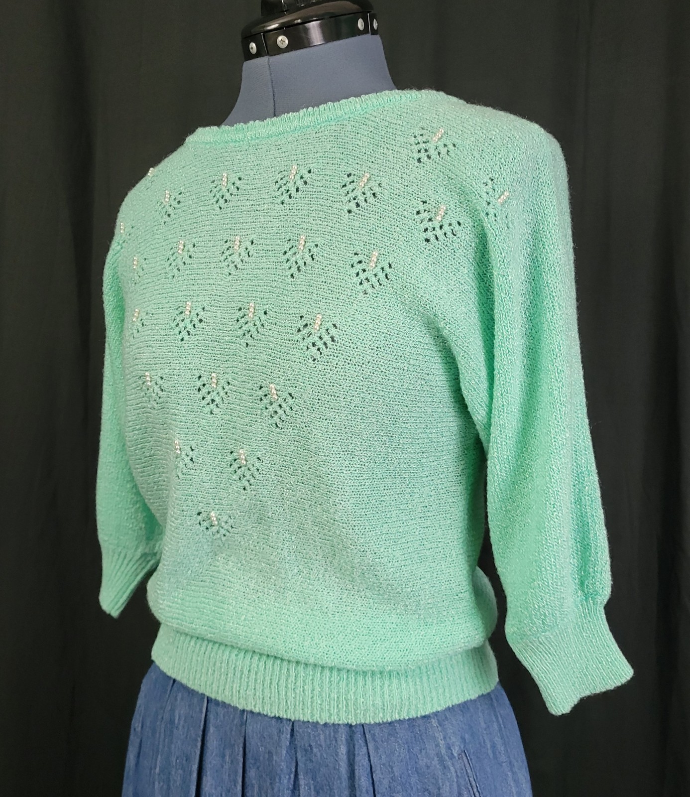Vintage Jean Nicole Lightweight Mint Green Sweater w Pearl Accents Size S