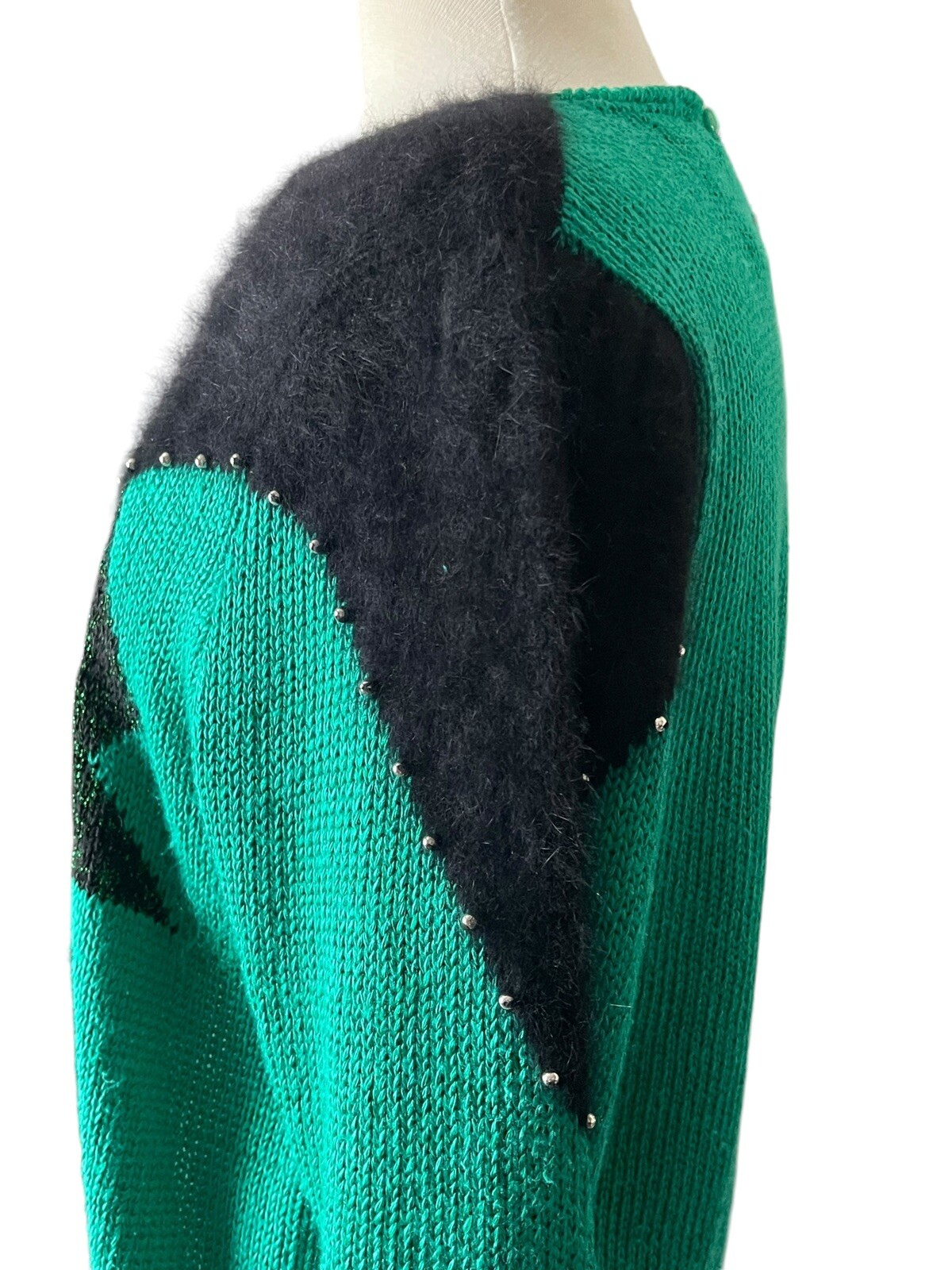 80s VTG ANGENIE Sz L Beaded Green Black Ramie Rayon Cotton Angora LS Sweater