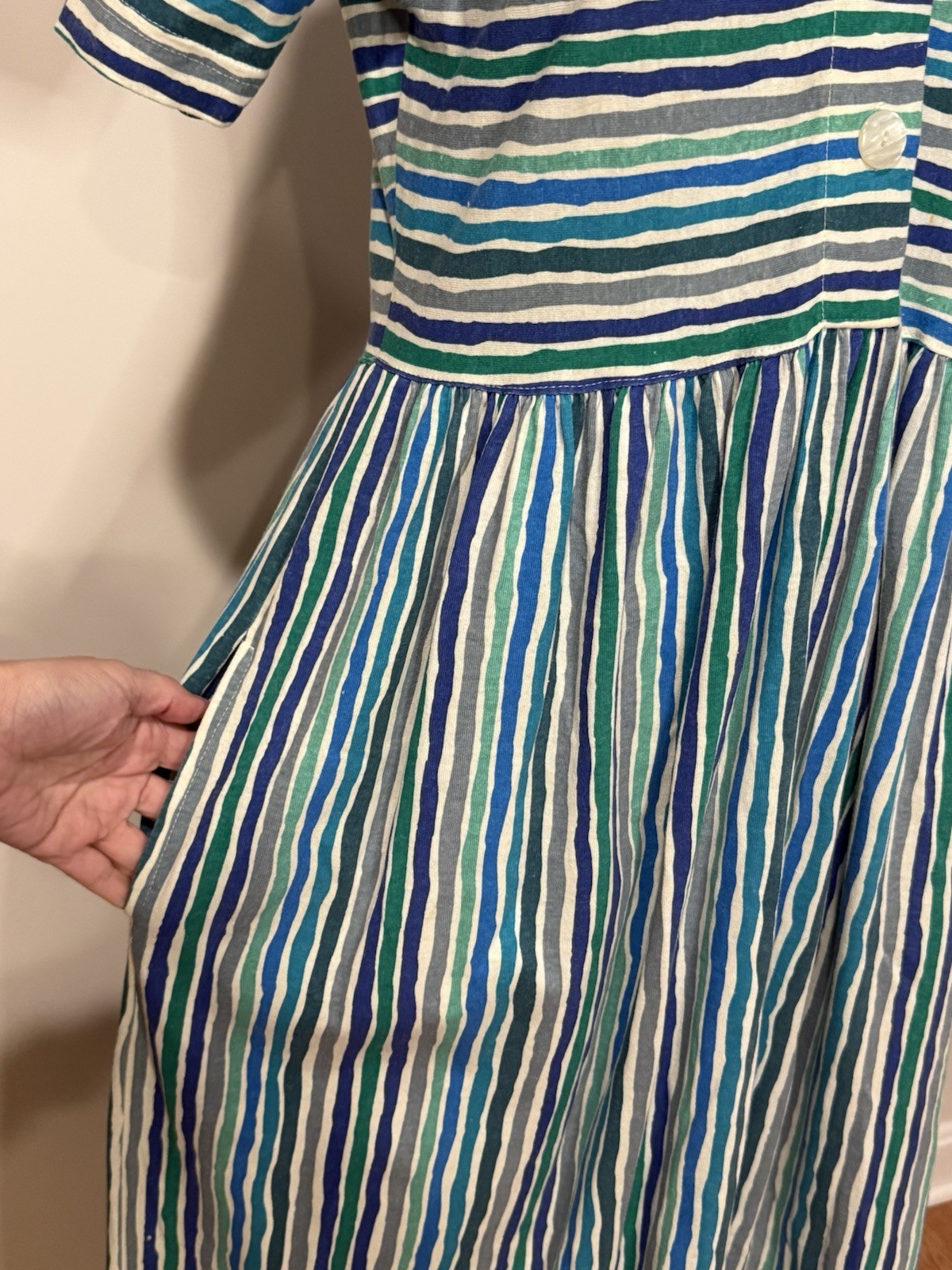 FADS Vintage 80s 90s Blue Striped Cotton Boxy Dress Sz M Cottagecore Modest