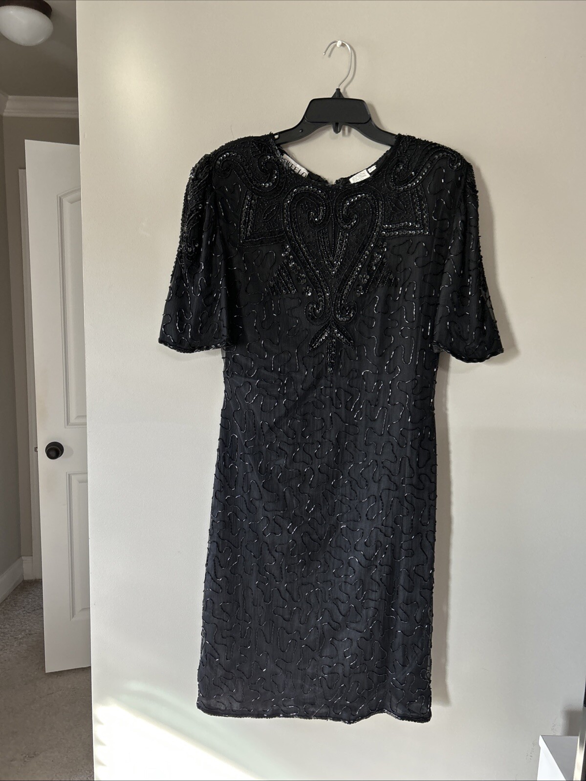 Vintage 80s SweeLo Fully Beaded Black Dress 100% Silk Size 10-12 Cocktail