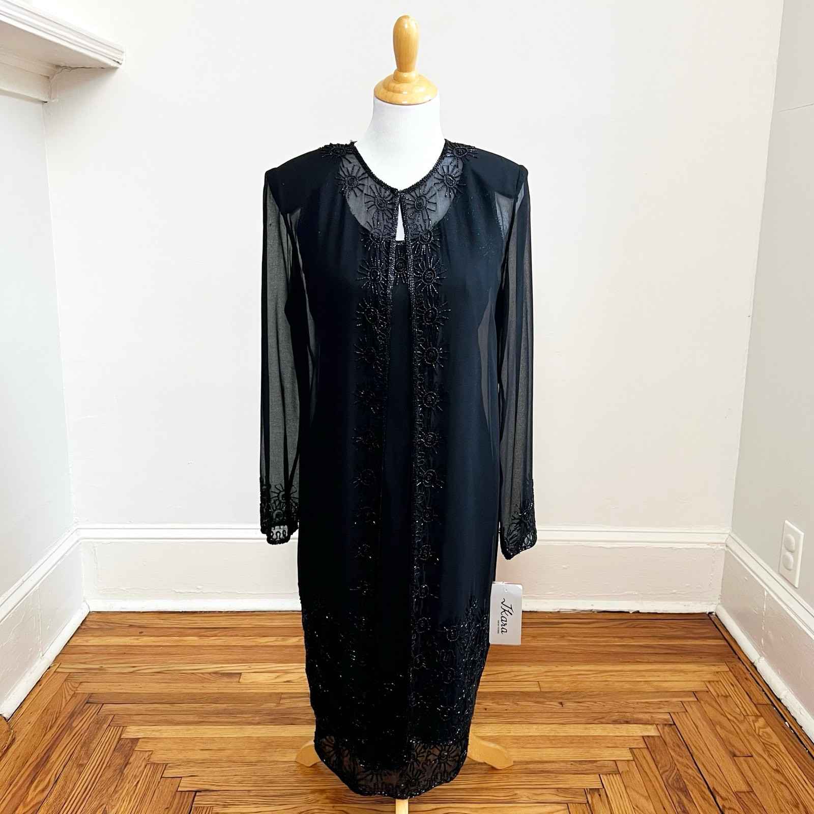 Vintage 90s NWT JKara Black Beaded Cocktail Dress and Sheer Embellished Jacket 8