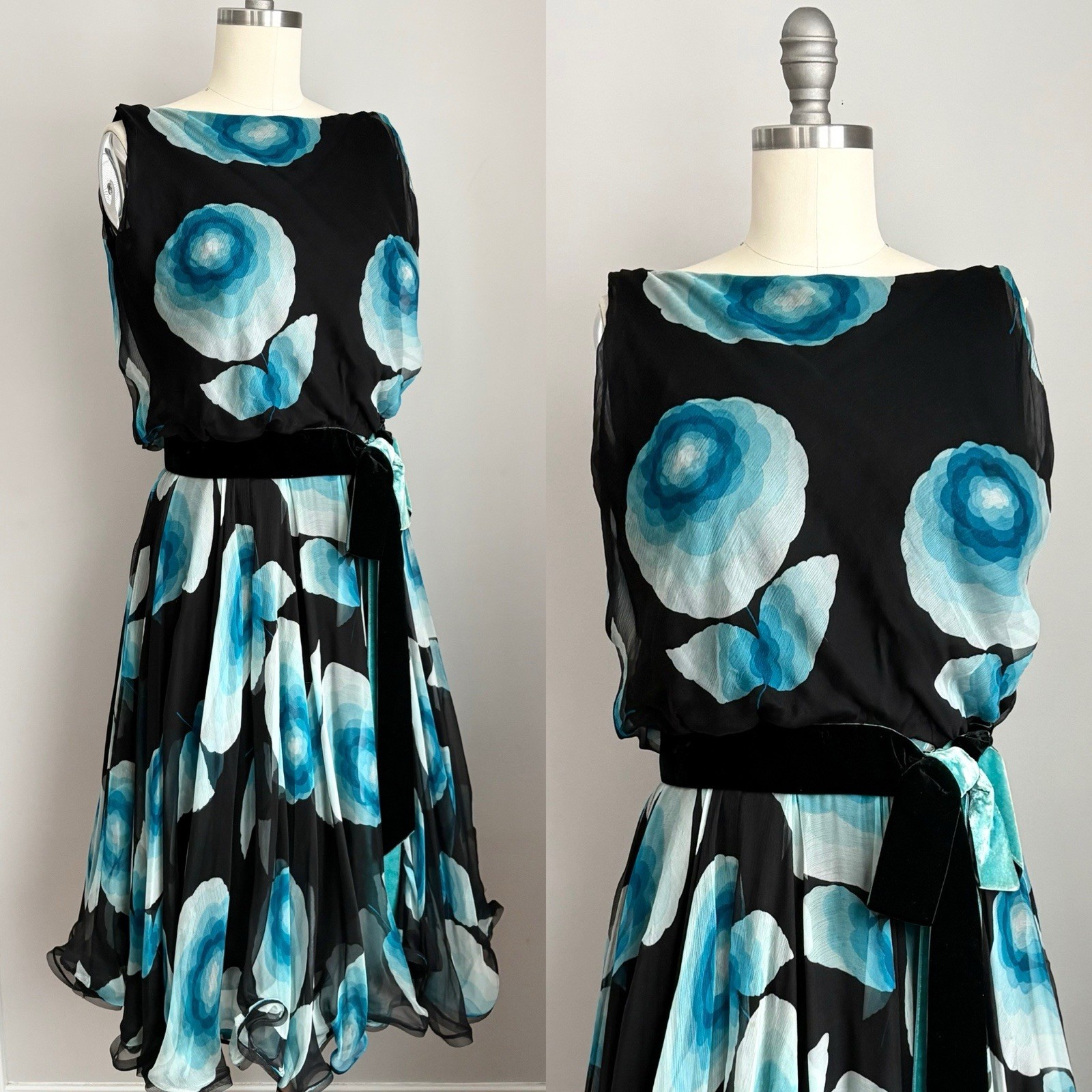 Vintage 1960’s Mod Blue Roses Tissue Silk Geoffrey Beene Dress Size Small