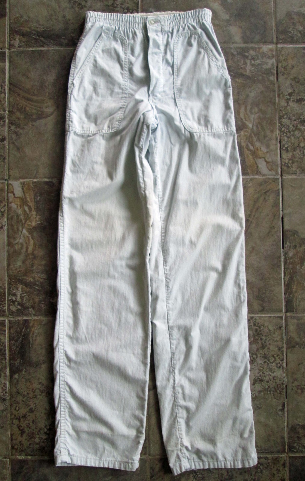 Vintage A.Smile Pants 26×34 Long Blue Button Fly Cotton Elastic Tropical Patch