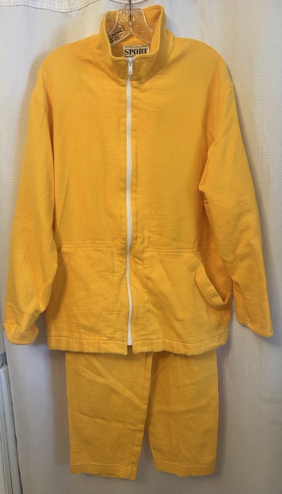VTG 80s Yellow Tracksuit Sweatsuit Womens 100% Cotton Grandmacore Funnel Neck