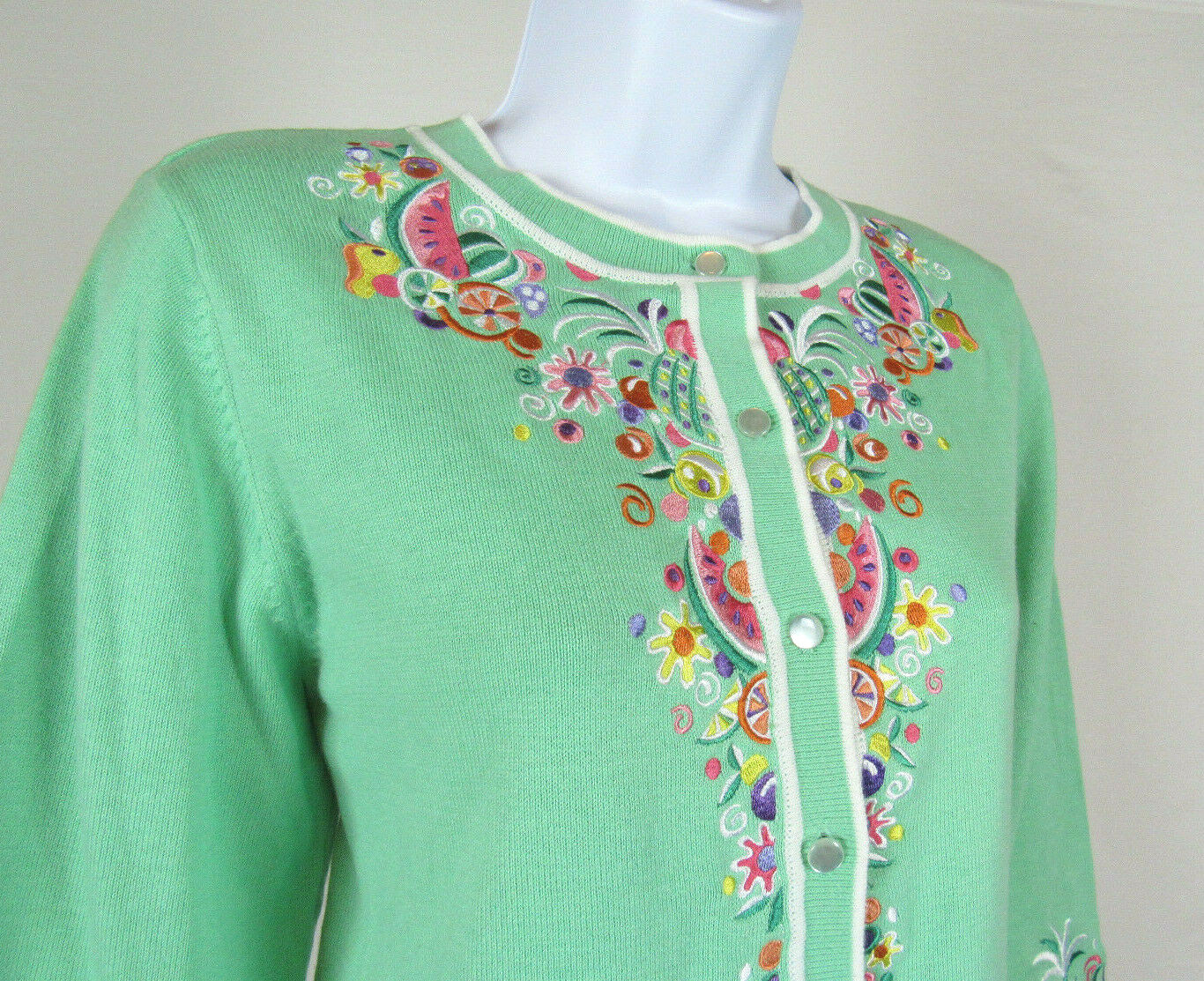 VTG 1990s BOB MACKIE WEARABLE ART MED TOP EMBROIDERY FRUIT FLOWER COTTON ACRYLIC