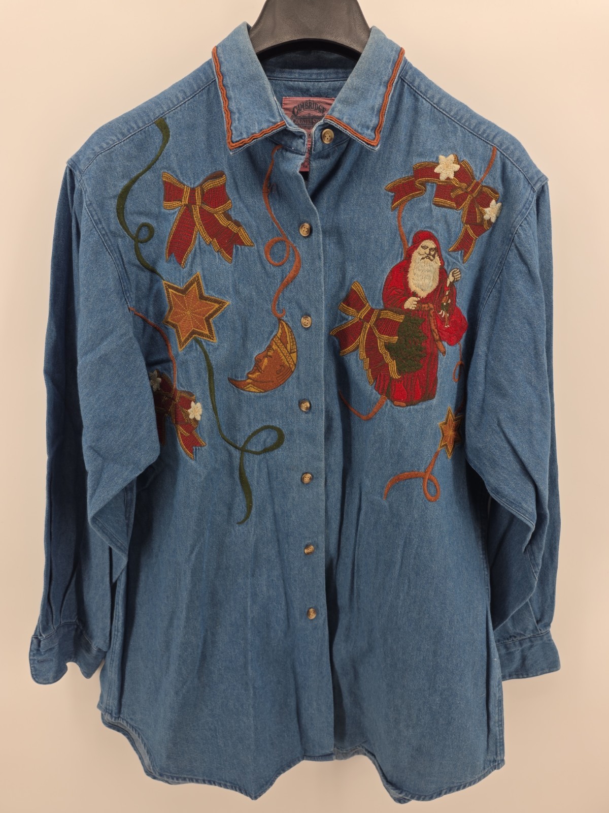 Cambridge Country Store Vintage Denim Shirt Christmas Embroidered Womens Medium