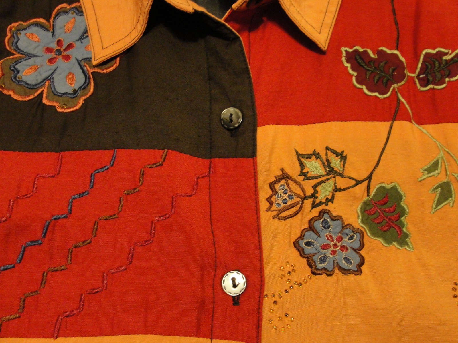 Marsh Landing M Patchwork Autumn Colors Floral Embroidered Button Shirt