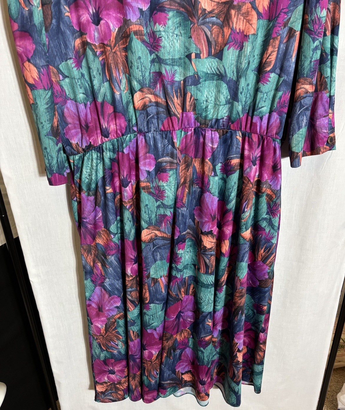 Vintage 90’s Jenny Dress Size 24 Purple Green Floral Long Sleeve Elastic Waist