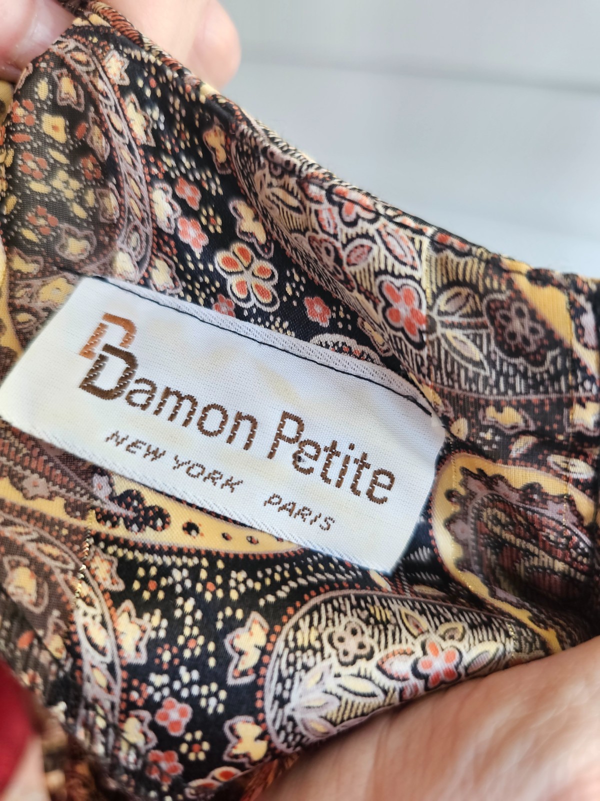 Vintage 80s Damon Petite Paisley Pleated Dress Black Gold Sheer Long Sleeve S/M