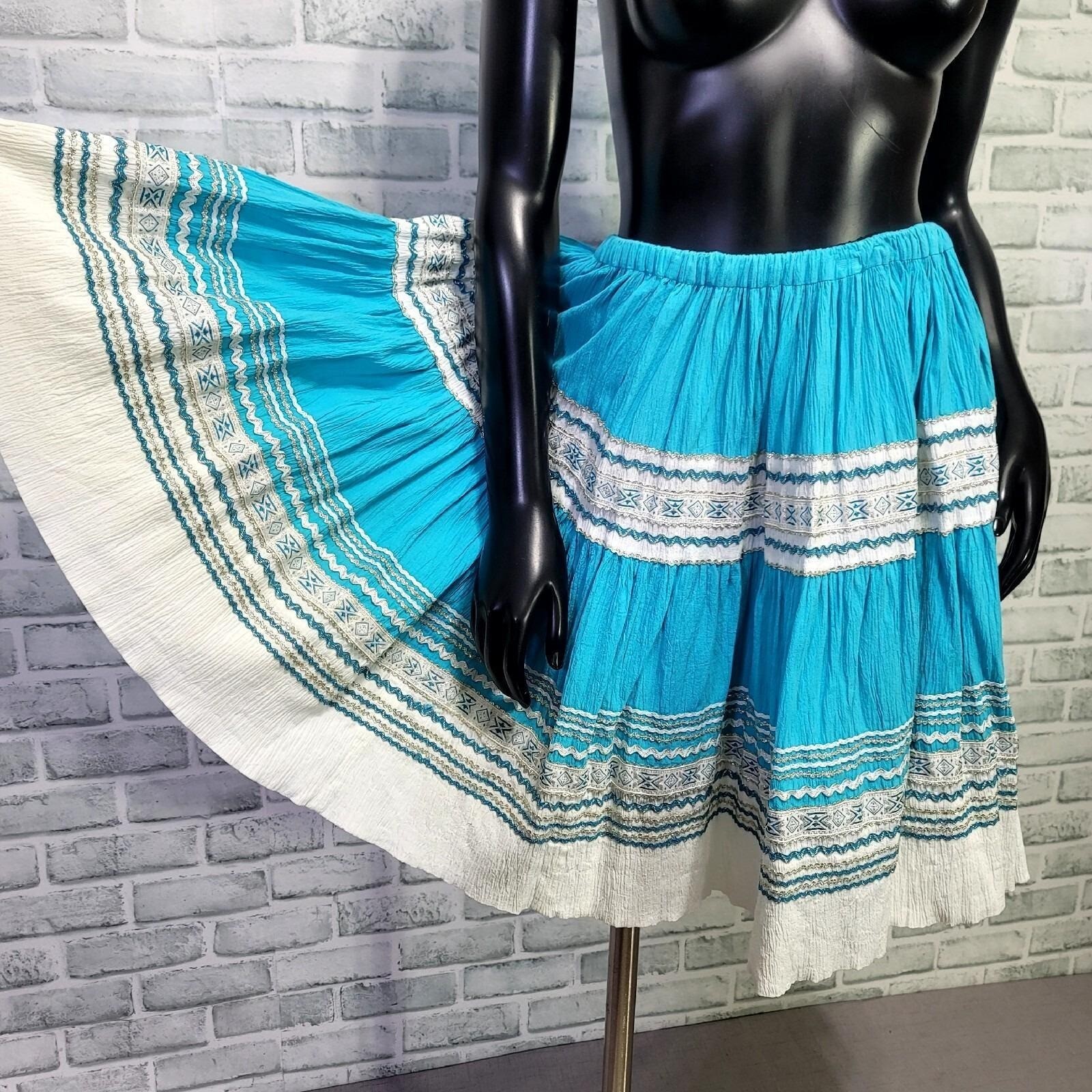 Vintage 70s Blue White Crinkle Cotton Skirt Wrap Top Set Boho Folk Square Dance