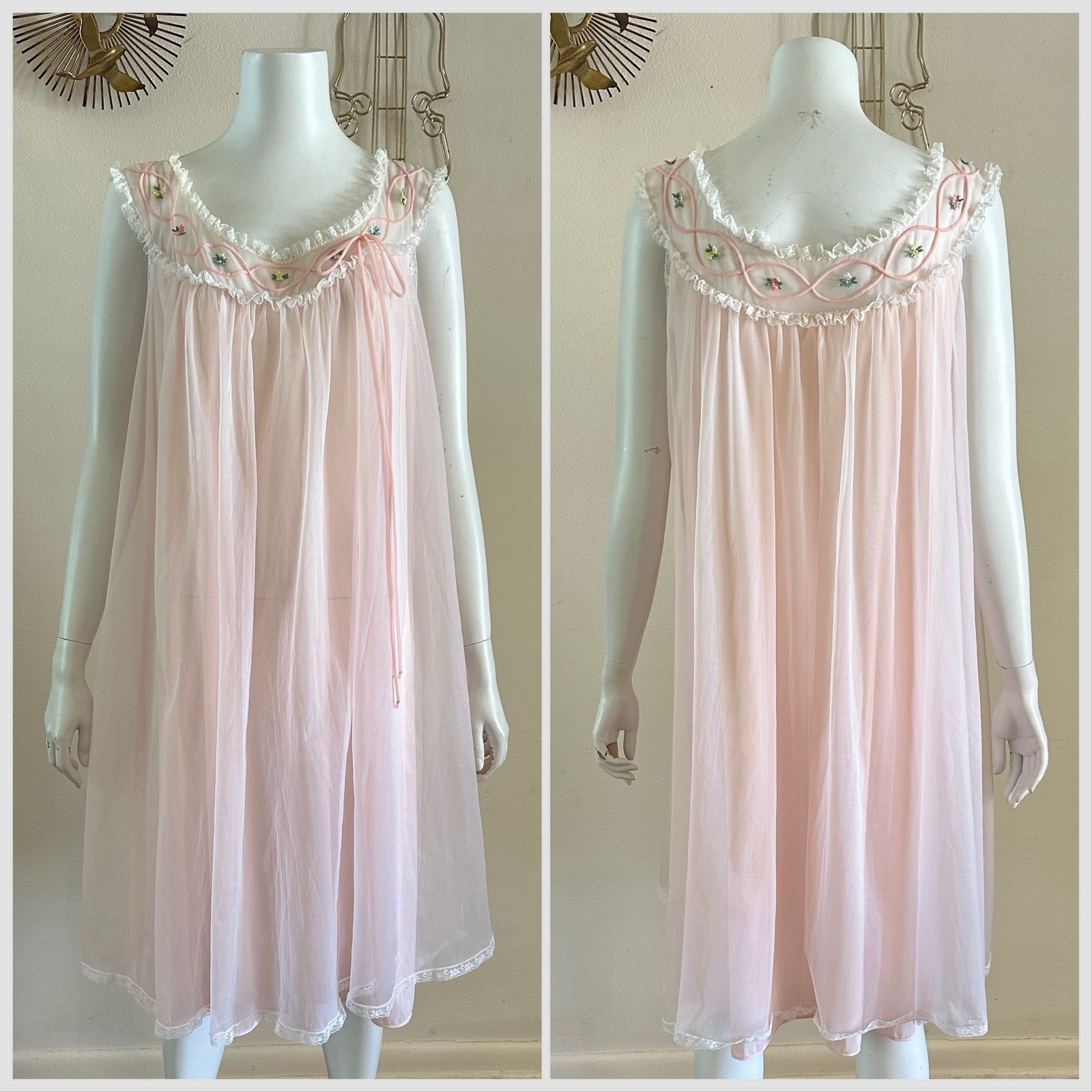 1960s Gotham Pink Nylon Peignoir Set Babydoll Chiffon Lace Lingerie Robe M VTG