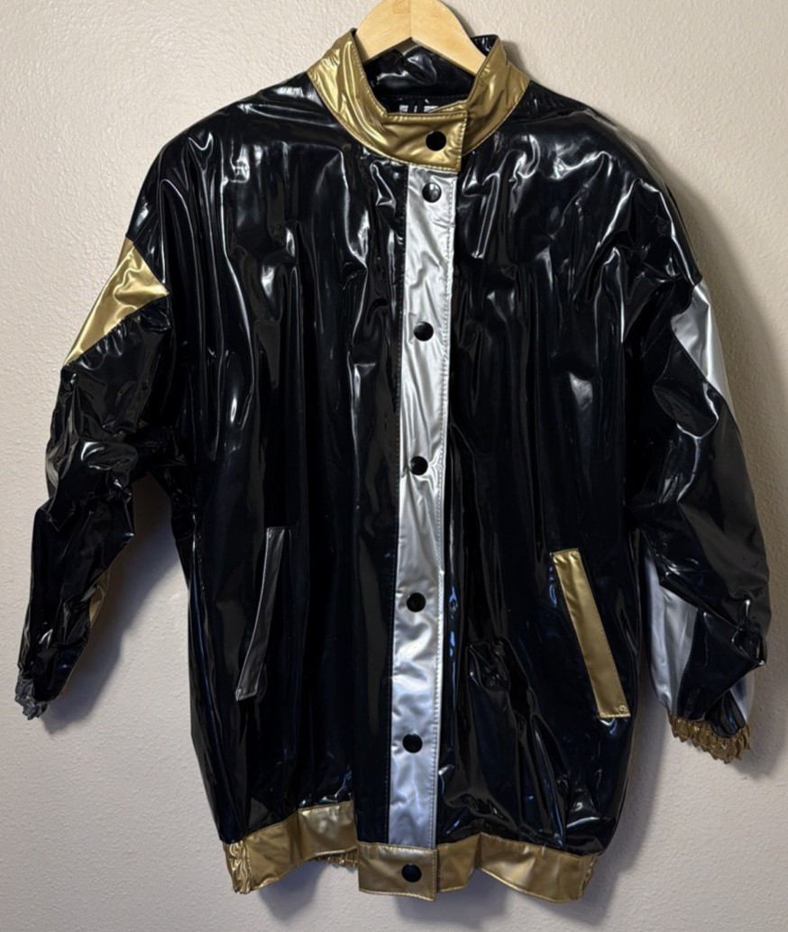 Vintage Razzle Dazzle Women’s Vinyl Color Block Raincoat M/L Black Gold Silver