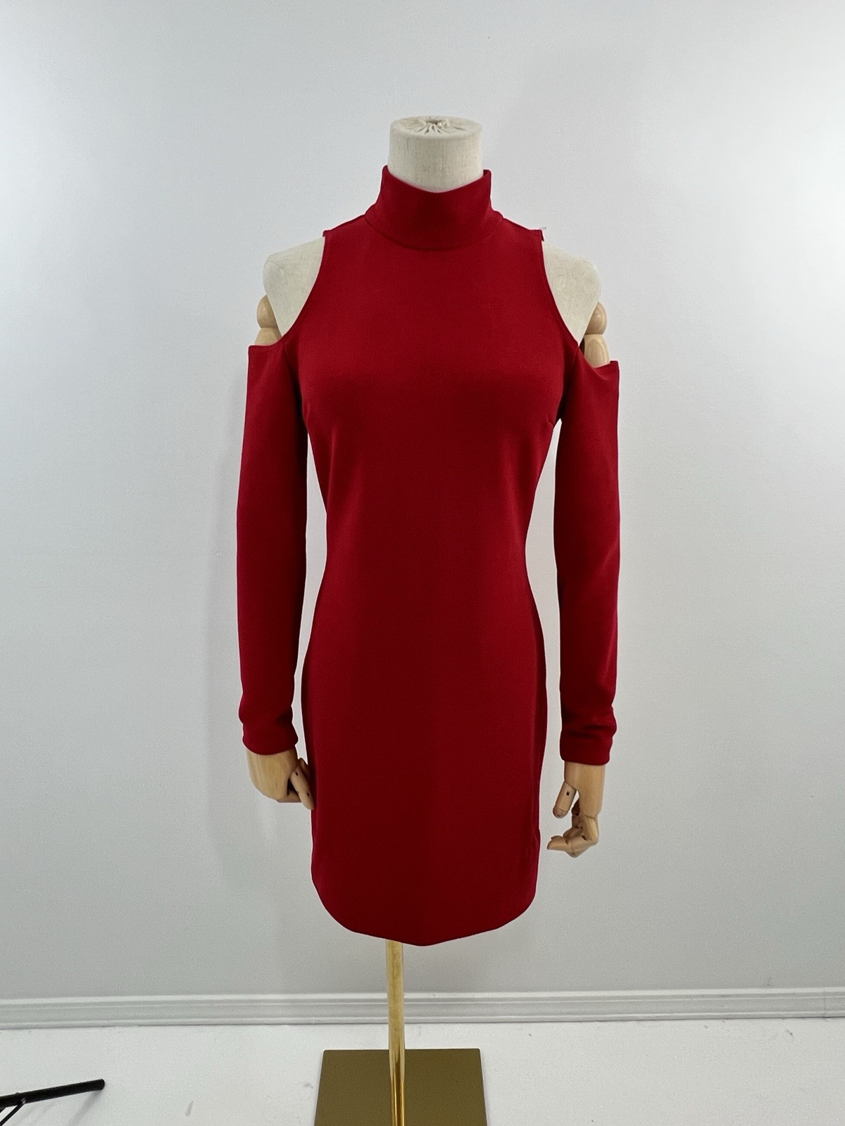 VTG Expo Night Dress Red Bodycon Cold Shoulder Long Sleeve 80s 90s Red 8 Stretch