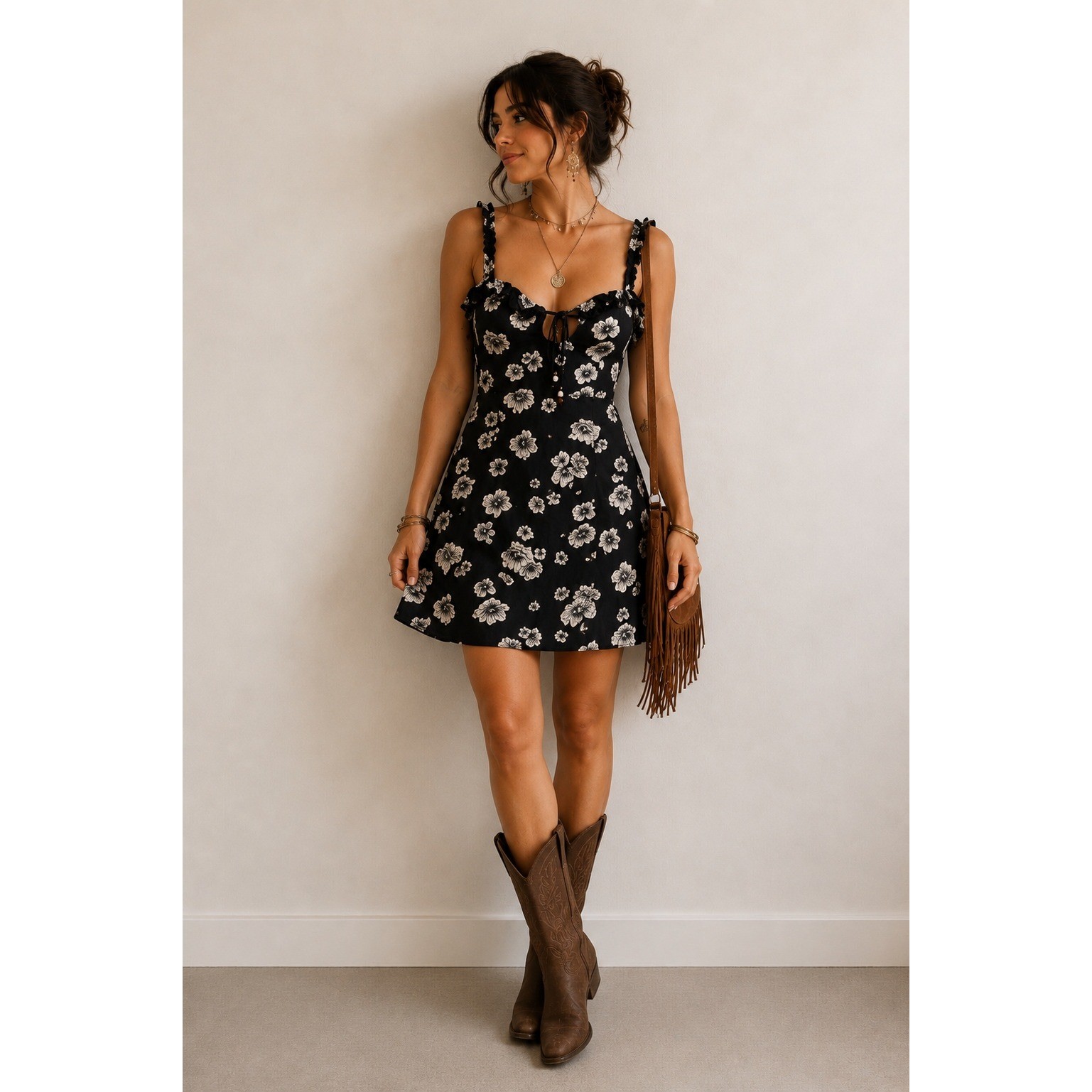 Vintage Angie Black White Floral Rayon Sundress Medium Boho Cottagecore