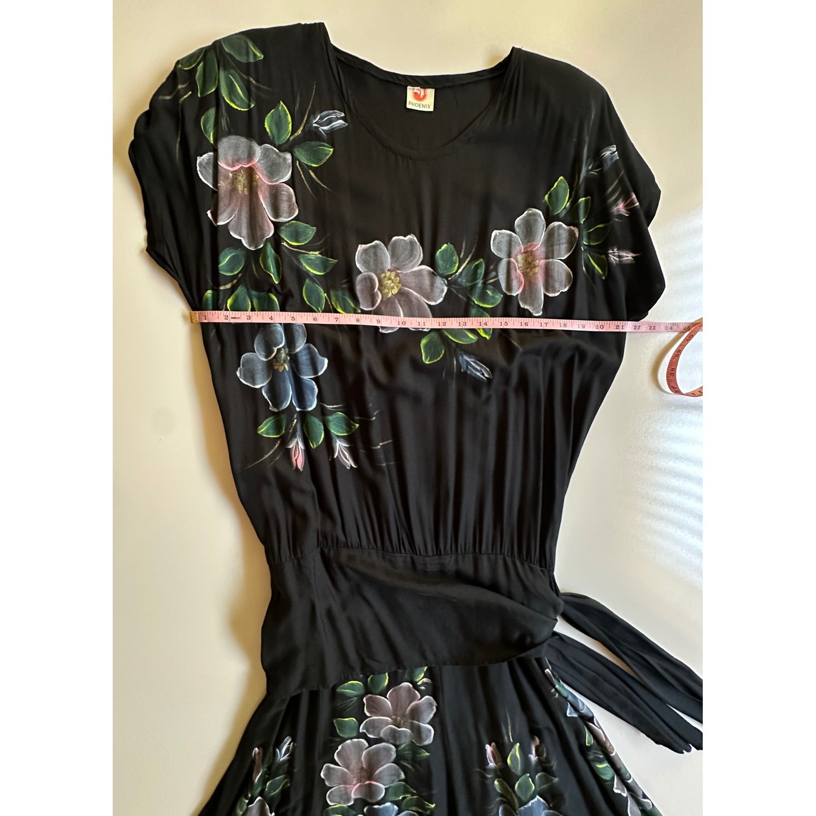 Phoenix Vintage Hand Painted Floral Black Midi Dress Shoulder Pads Tie Waist OS
