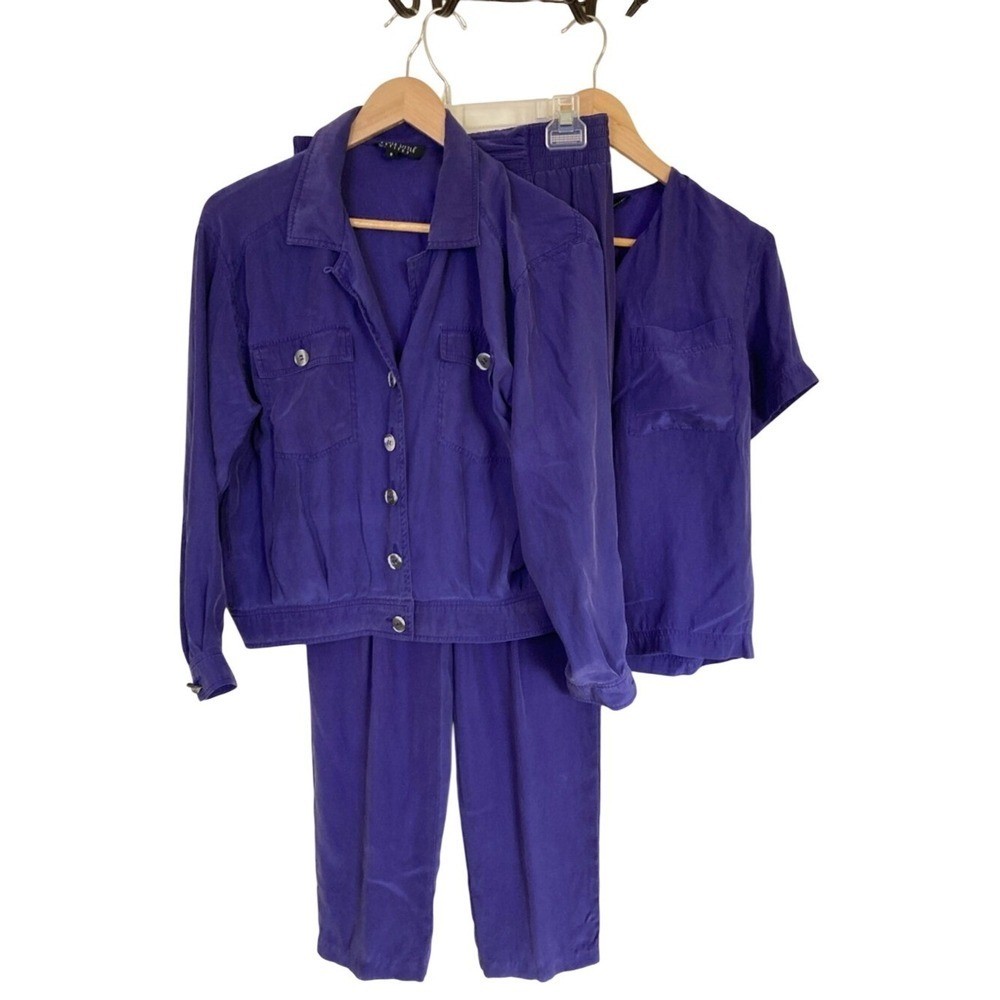 Vtg Carole Little Purple Three Piece Silk Pants Jacket Top Set Size 8P 80s