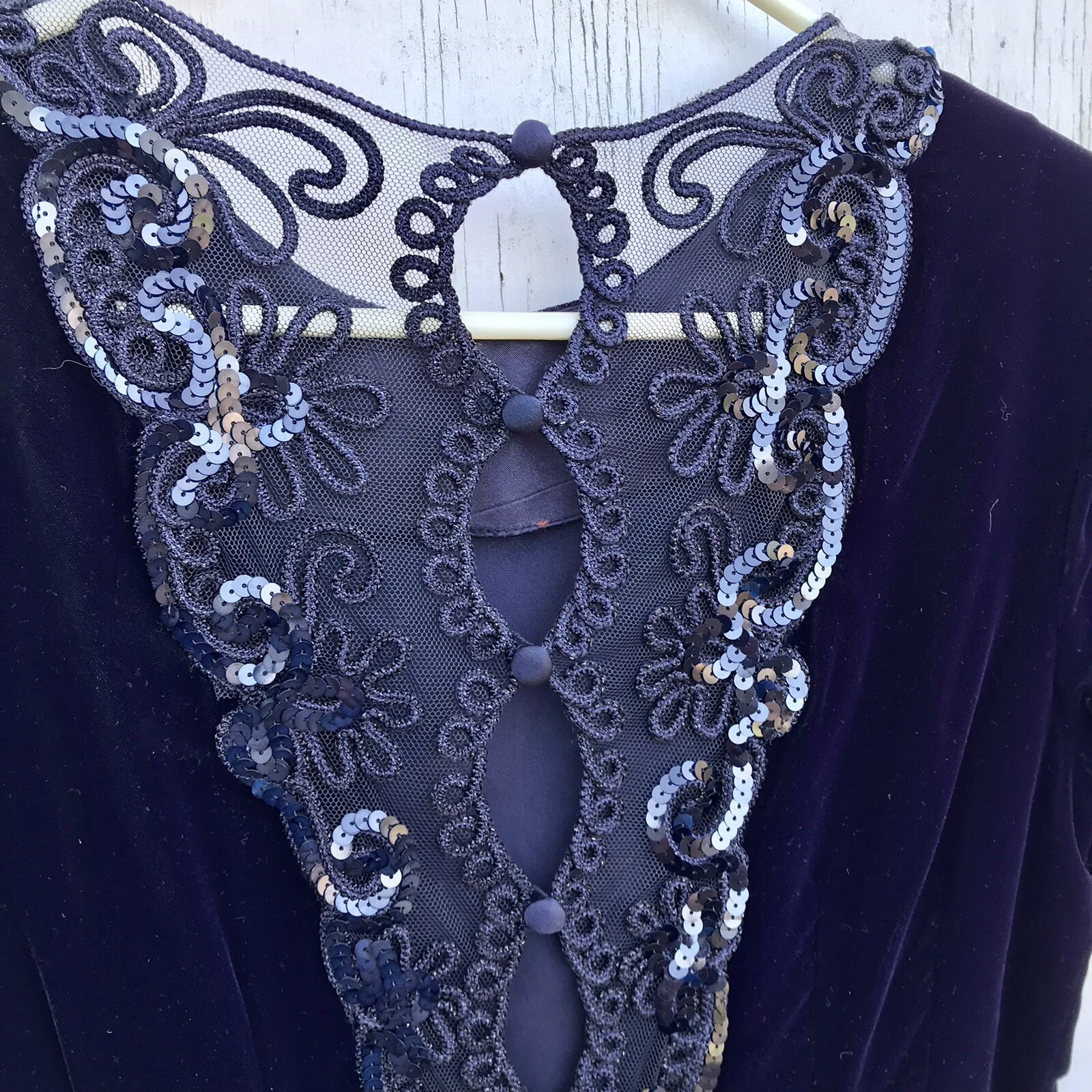 MAGGY LONDON 8 10 Purple VELVET DRESS Mesh Lace Back Vtg 80 90s Vamp Goth Prom