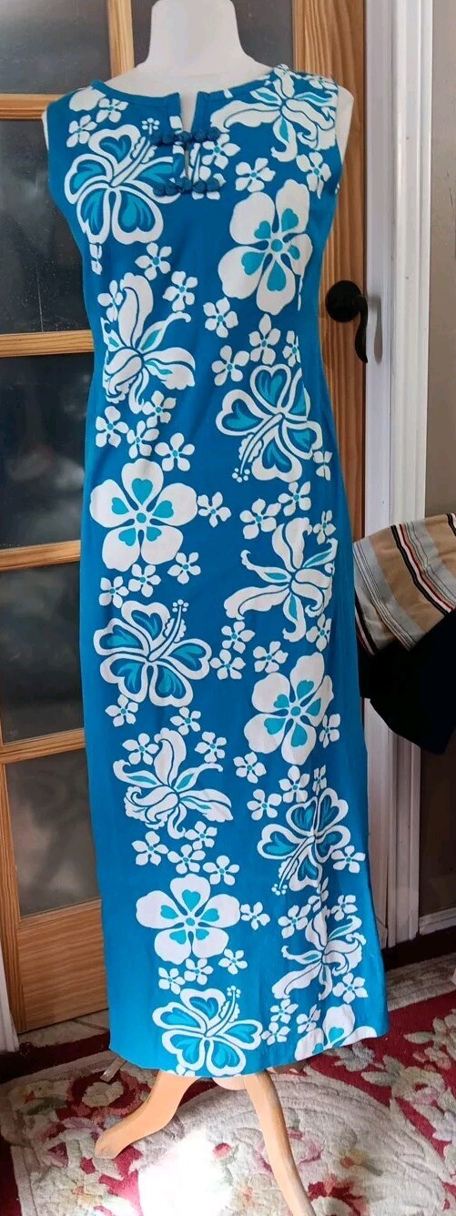 Vintage Hawaiian Togs Maxi Dress Blue Barkcloth Floral Fitted Made in Hawaii