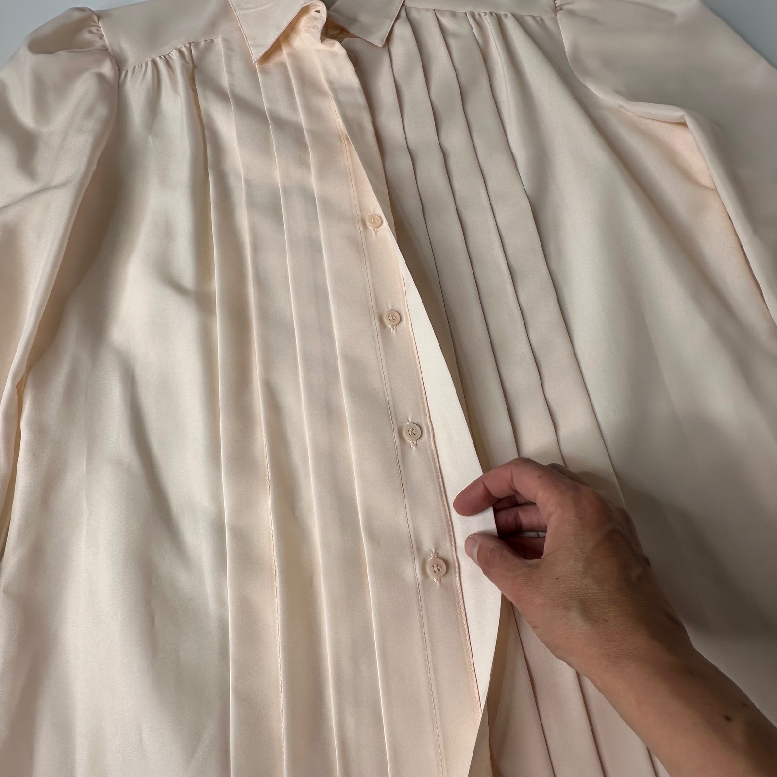 Vtg Nikki Secretary Blouse Peach Pink Pleated Front Puff Shoulder 80s Sz 11/12