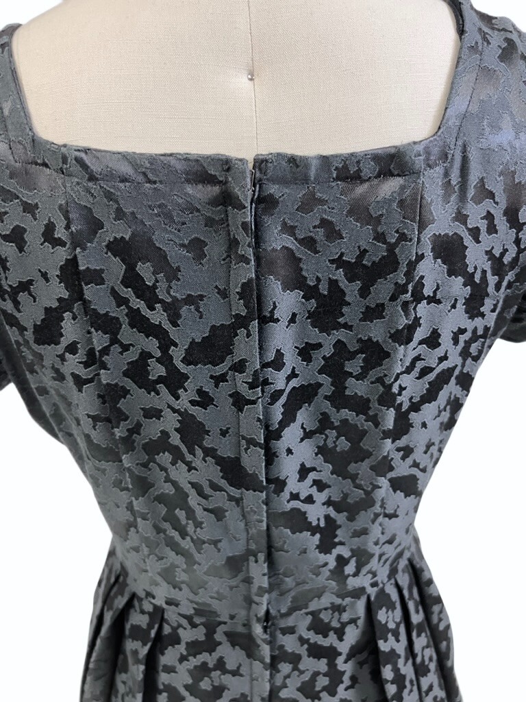 VTG 1960s Black Damask Cocktail Dress NWOT Square Neck Buttons Full Skirt S/M
