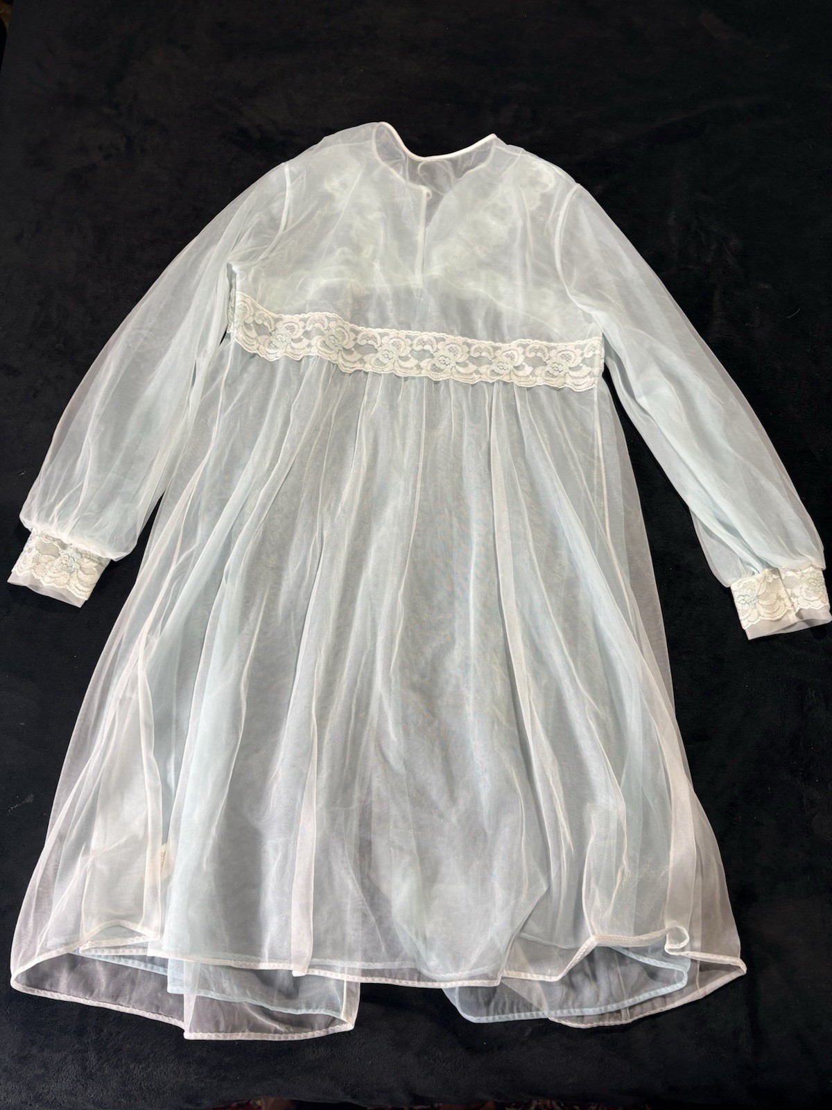 Vintage Sears Roebuck Charmode Chiffon Lace Trim Robe Medium Peignoir Sheer Blue