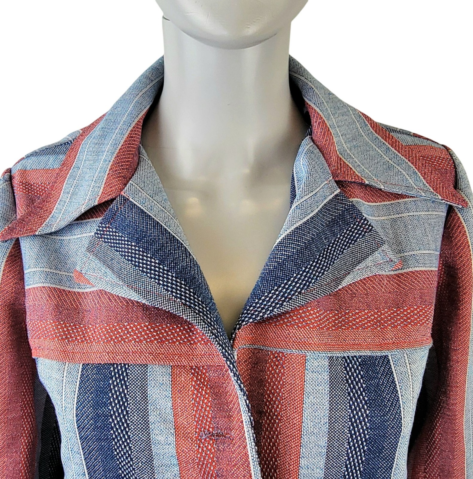 Vintage 70s Stripe Shirt Jacket Women Medium Pink Blue Collar Button Lightweight