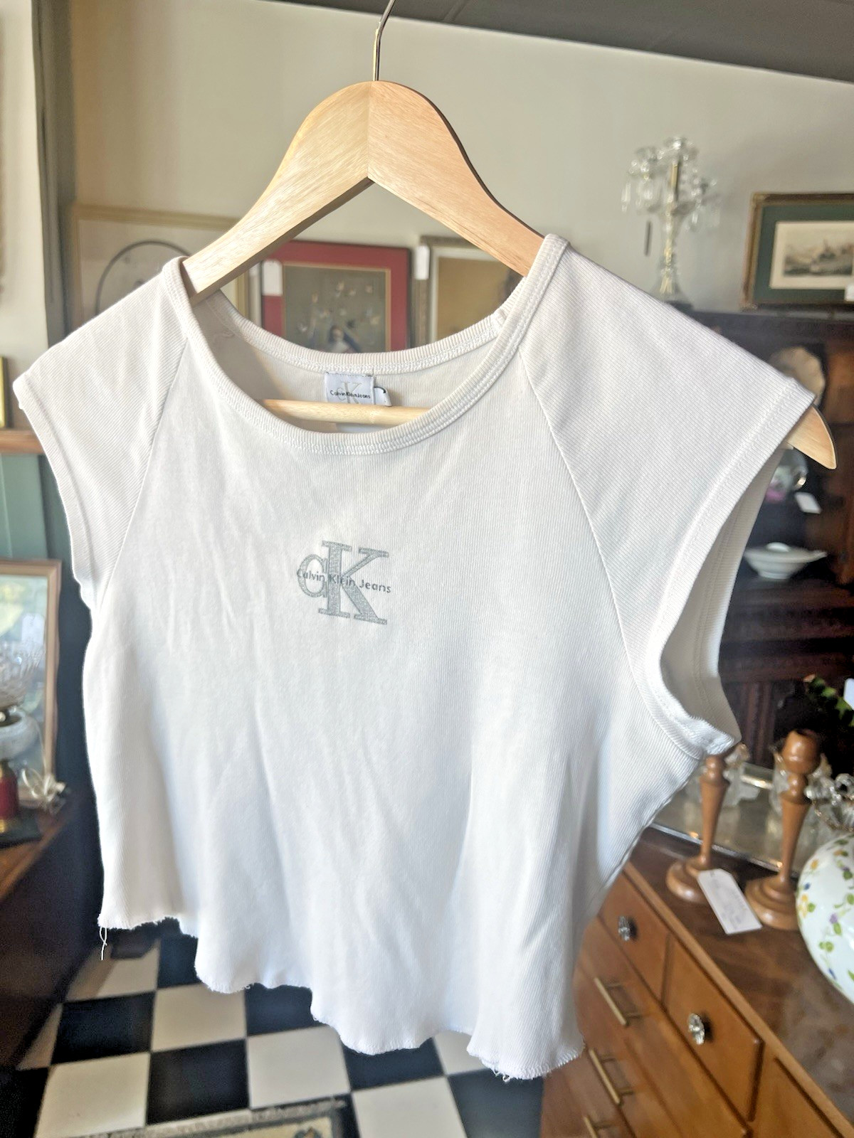 Vintage Y2K 90s Calvin Klein Logo CK Baby Tee White Silver Crop Top Large