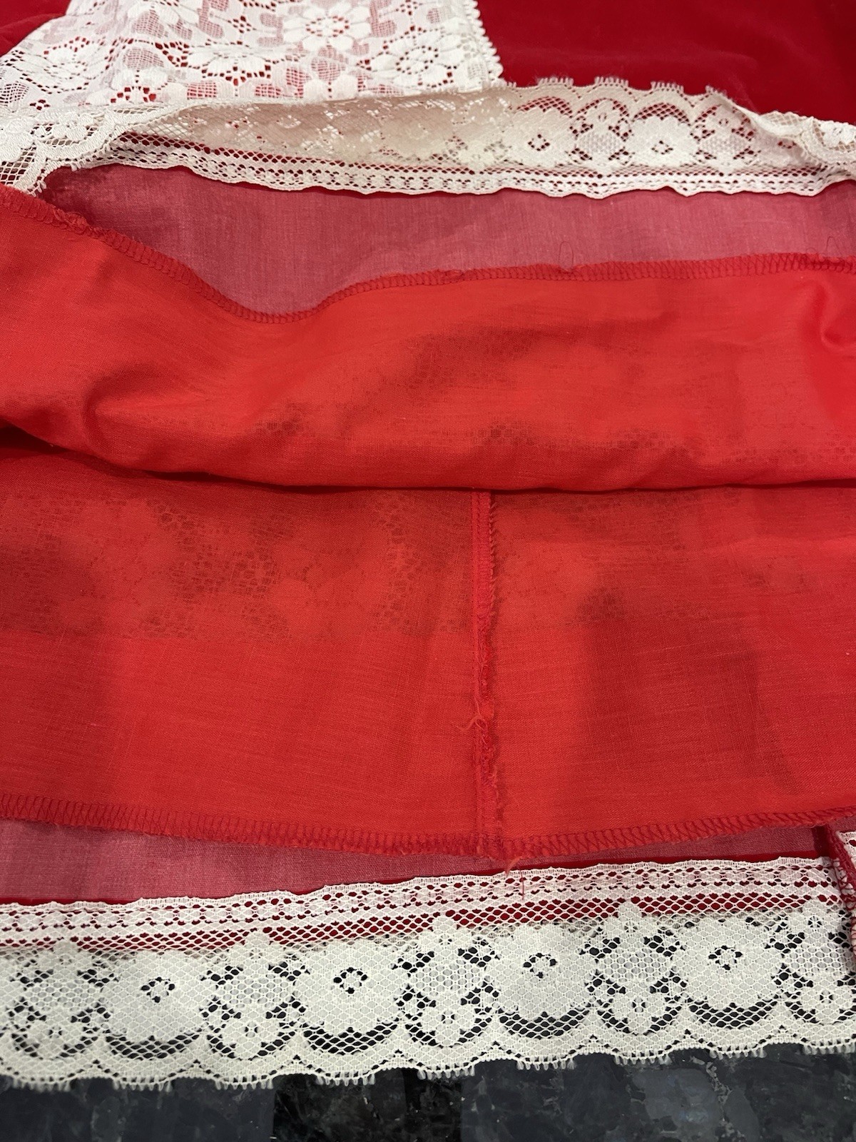 70s Red Velveteen Lace Prairie Revival Skirt Christmas Mrs. Claus Festival READ