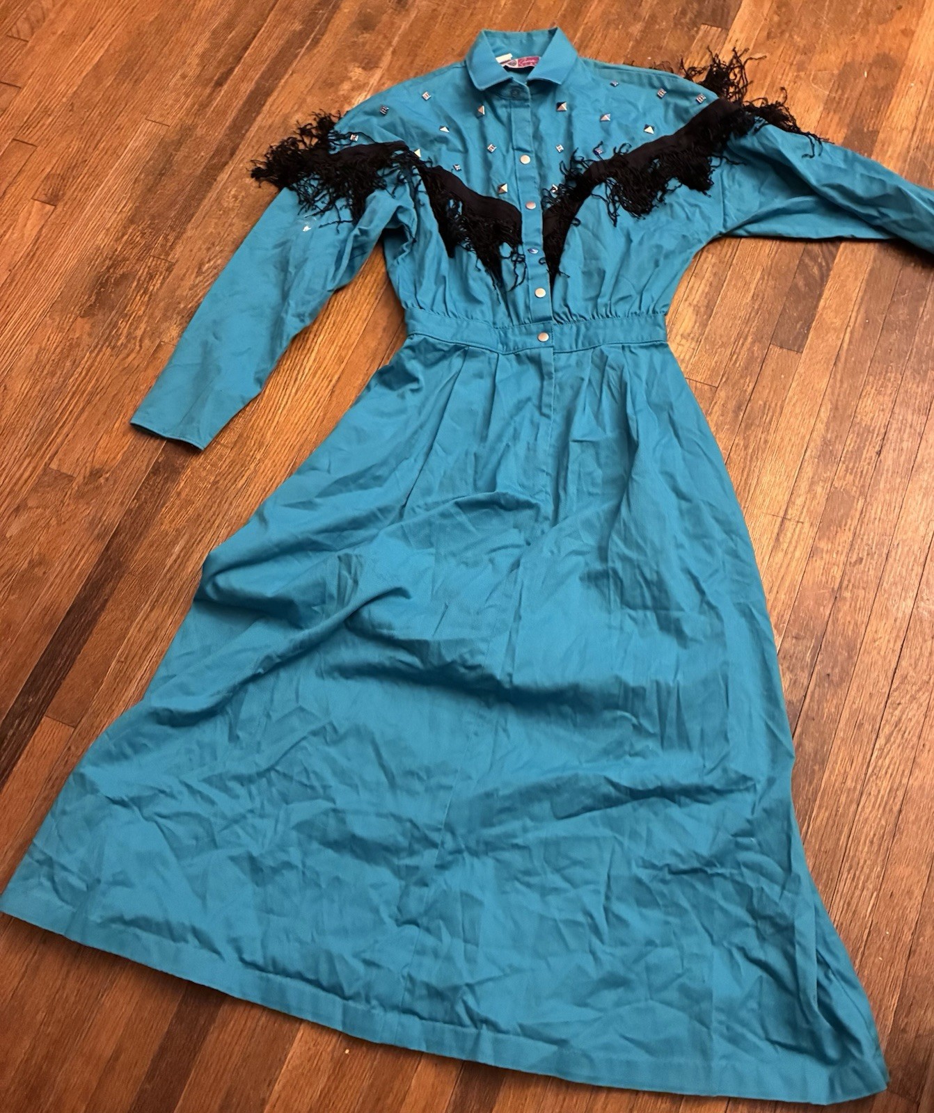 Vintage Cameo Rose Green Western Dress With Fringe 9/10