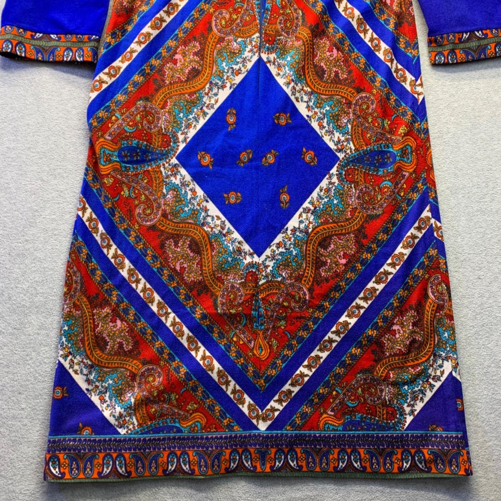 Vtg Plaza 9 Blue Psychedelic Paisley Geometric Velour Robe House Dress 70s Sm/Md