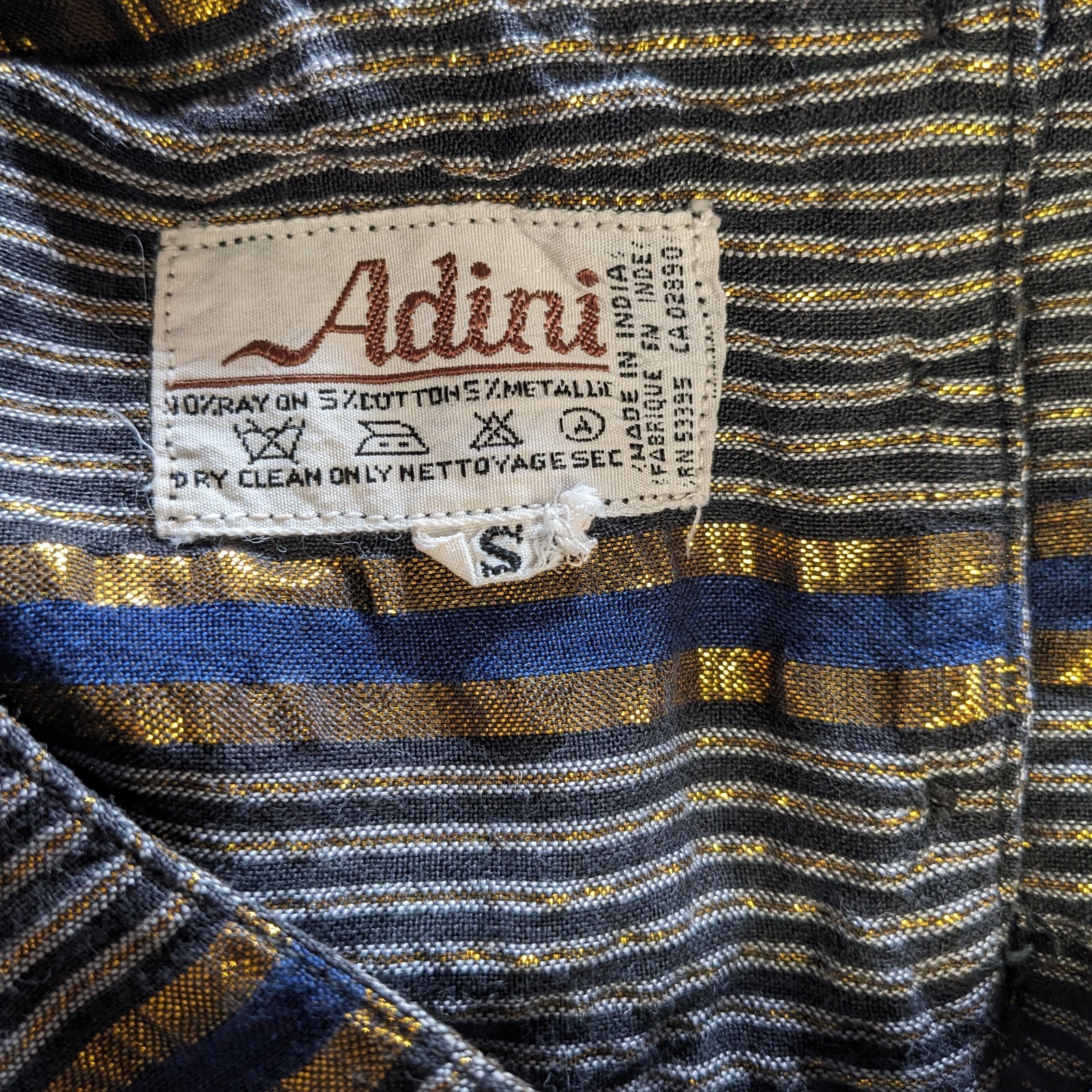 Vintage 70s Adini India Blouse S Navy Gold Lurex Metallic Stripe Boho Tunic Top