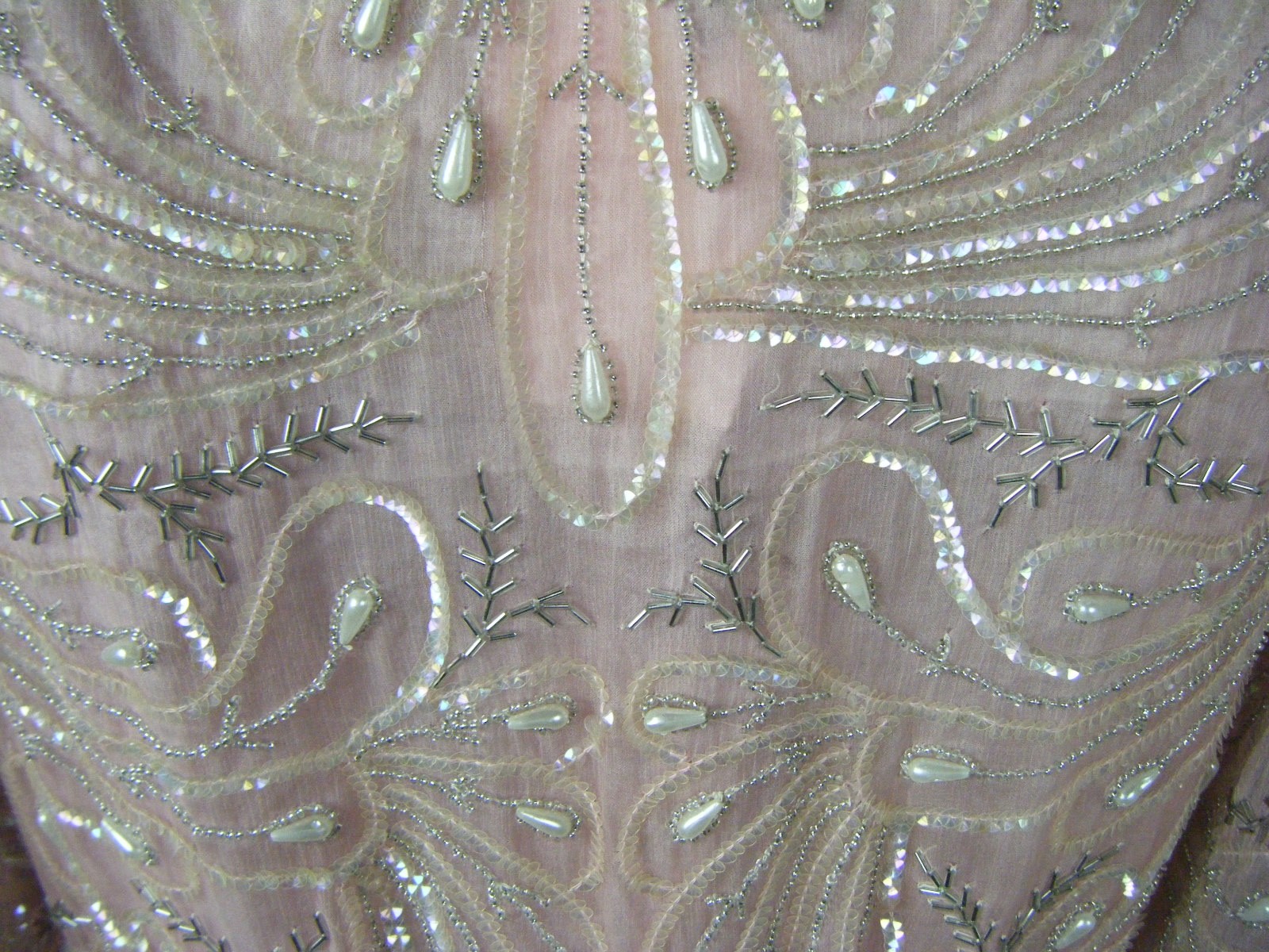 STAR LIGHT CITY Vtg 80s Pink Heavy Peacock Pearl Beaded Silk Dress-Bust 40/M