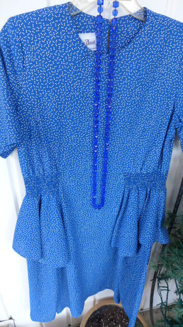 Dress Vtg Womens Lynne davis Sz 10P Petite Royal Blue White Dots Peplum Lined SS