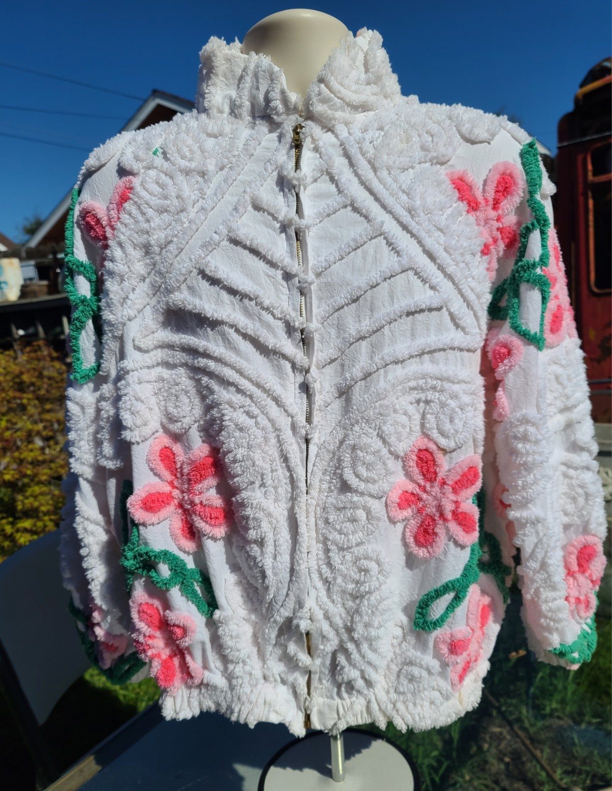 Vintage 70s Chenille Bedspread Jacket Zip Cardigan Sweater Women’s S Floral