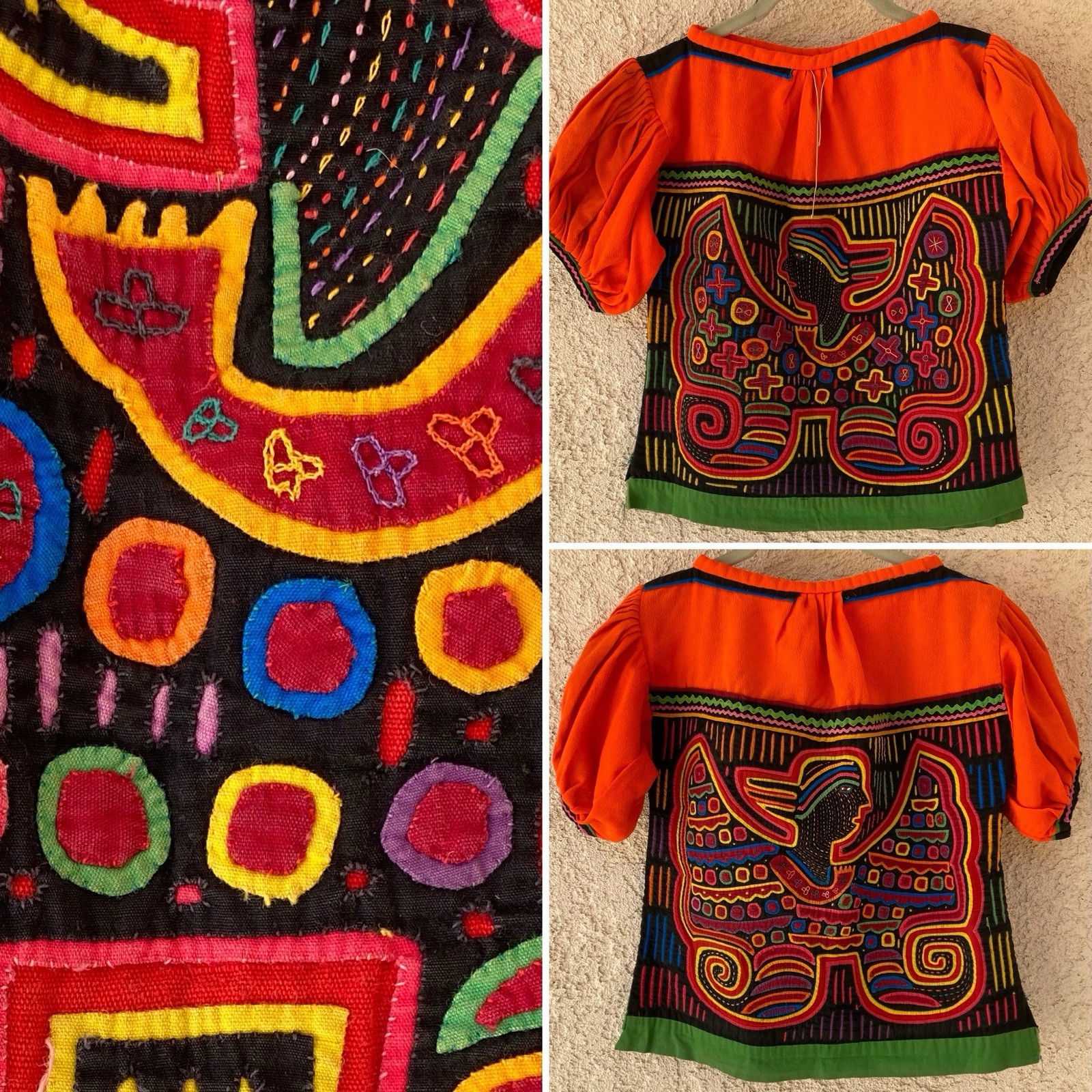 Vintage Kuna Mola Blouse Reverse Applique Winged Figure Panama Folk Art Top