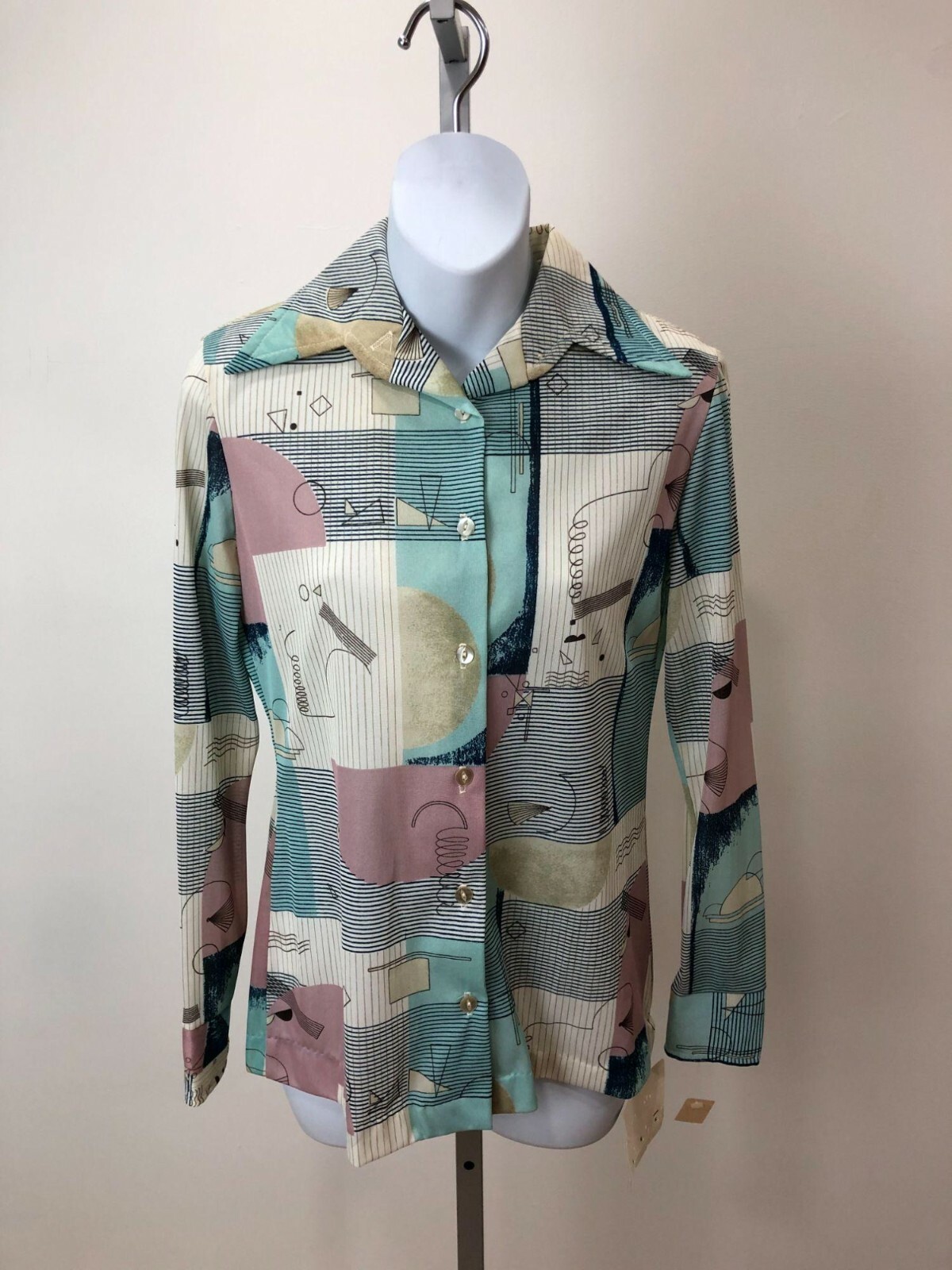 Vintage 1970s Jane Colby Disco Wide Collar Geometric Shirt NWT Made in USA