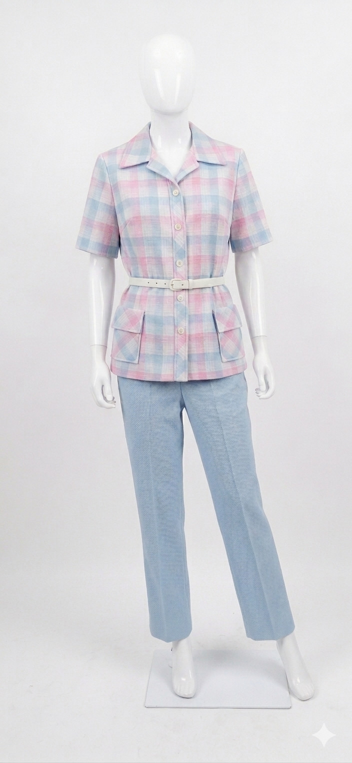 Vintage Lester Rosen 3-Piece Pantsuit Set Pastel Plaid Blazer Blue Pants Sz 20.5