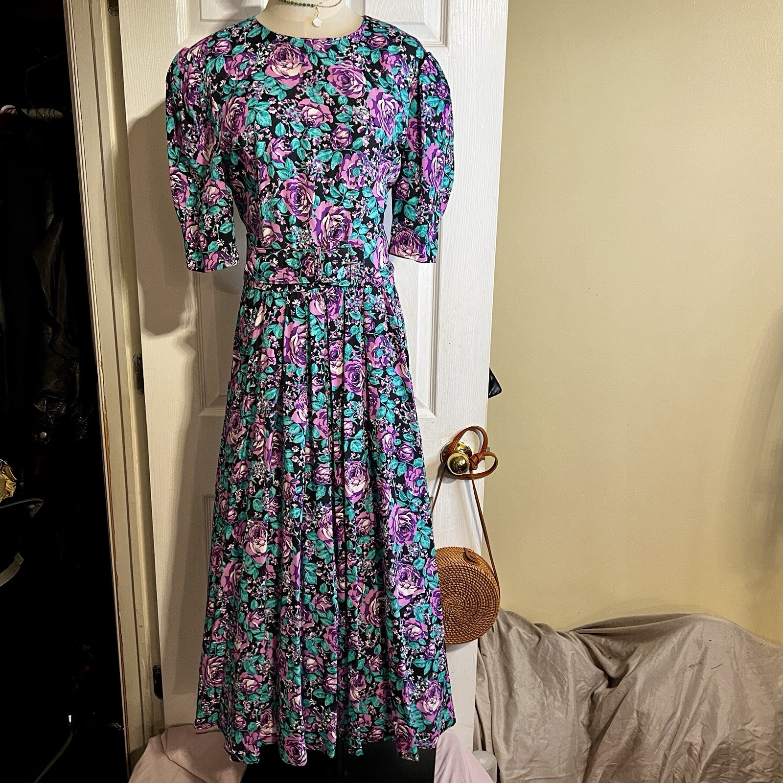 SL Fashions Vtg 90s Floral Belted Pleated Puff Sleeve Fit&Flare Maxi Dress 12