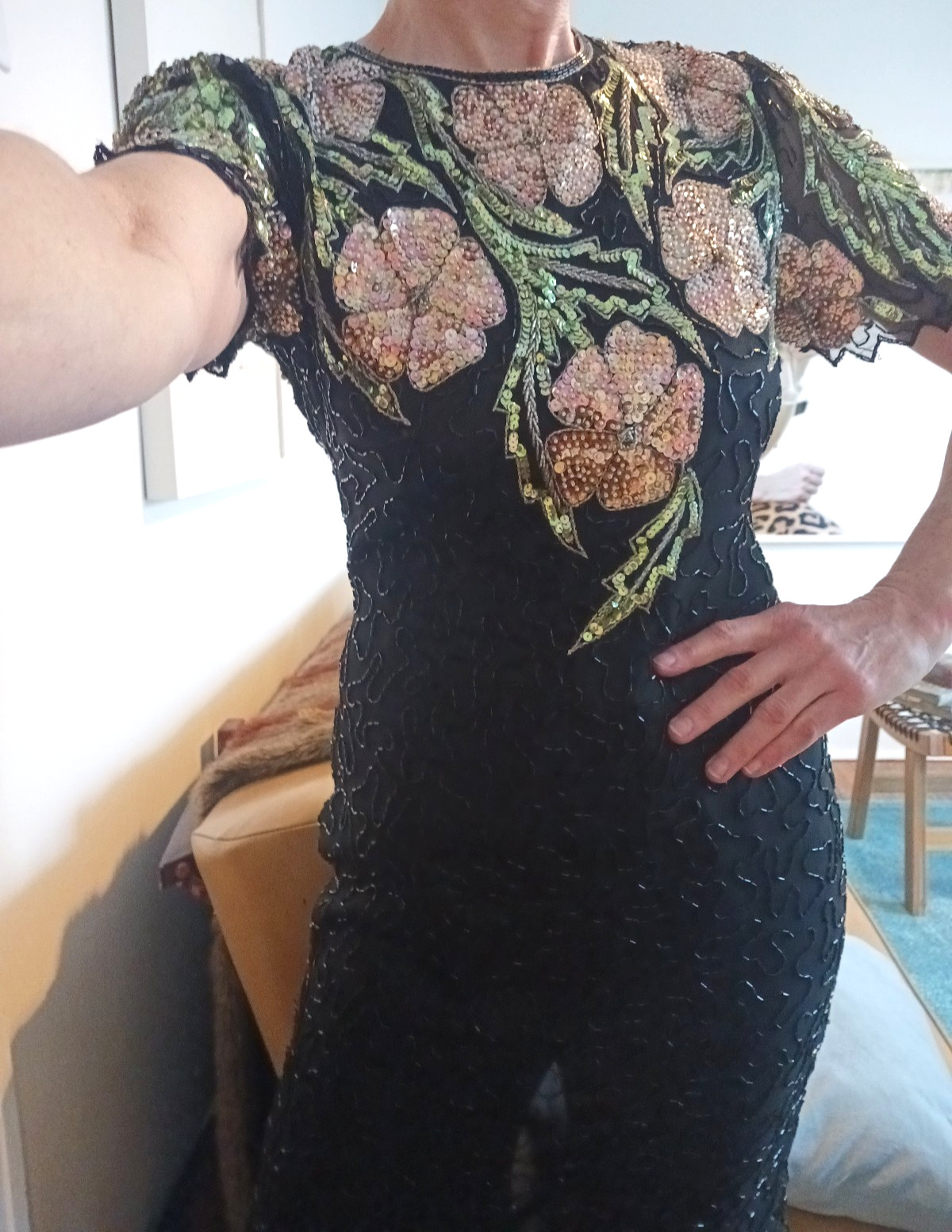Vintage Black Floral Beaded and Sequin Midi Dress by Scala, Small