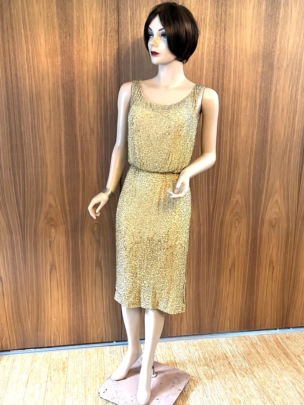 1950s 50s CEIL CHAPMAN Silk BEADED Gold OMBRE Sheer COCKTAIL Wiggle Dress S/M