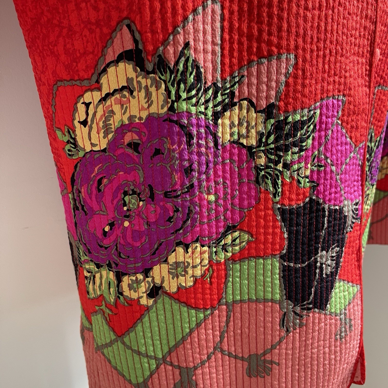 Vintage 1980s Aurora Ruffolo Quilted Jacket Wool Crepe Red Floral Button Medium